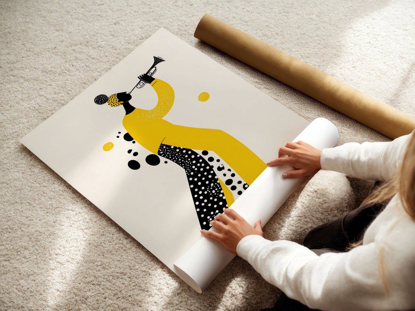 cool woman unrolling a poster of a stylized yellow and black figure on a light-colored floor.