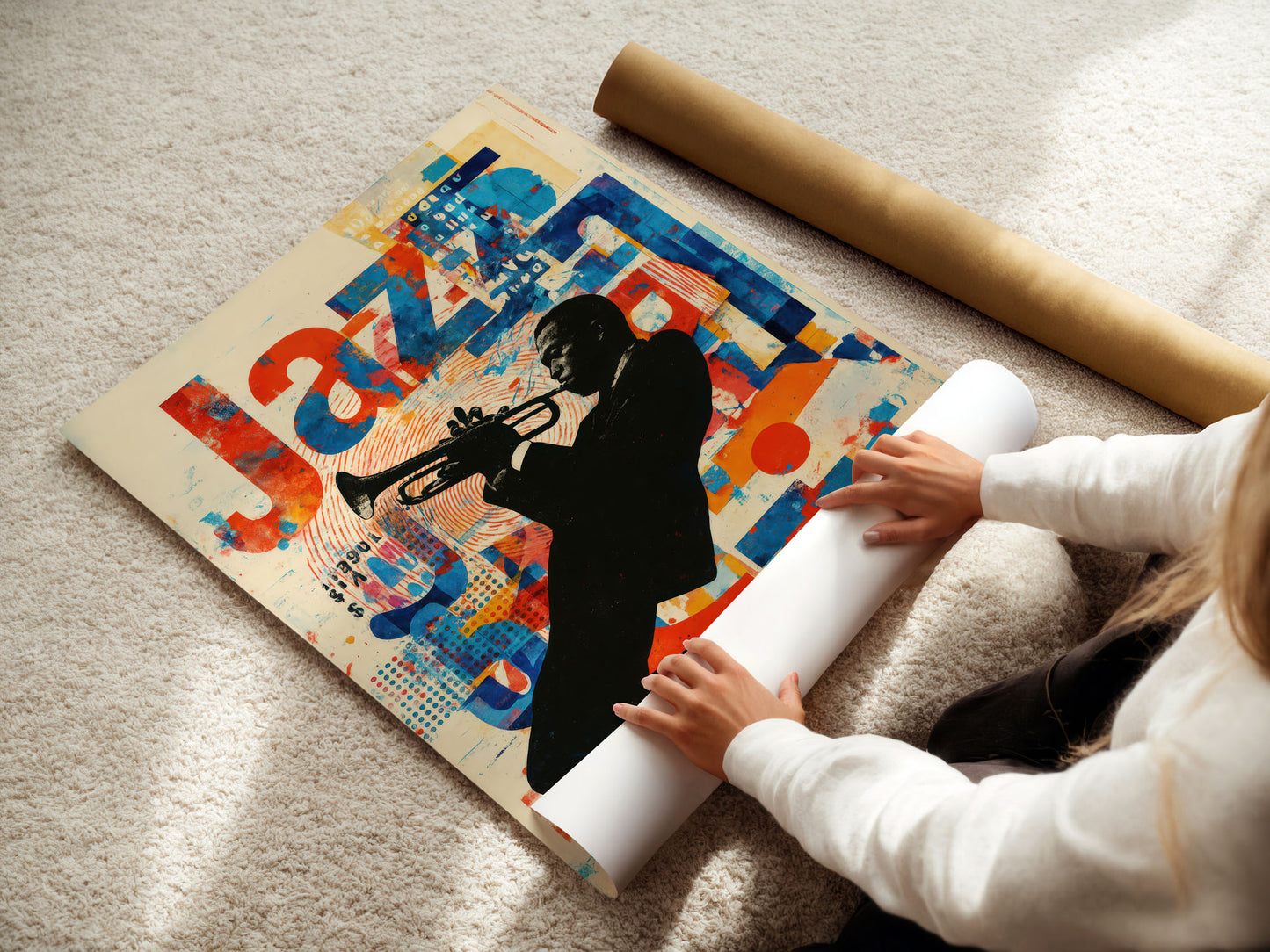 Person unrolling a colorful poster of a jazz musician with a trumpet on a carpeted floor.