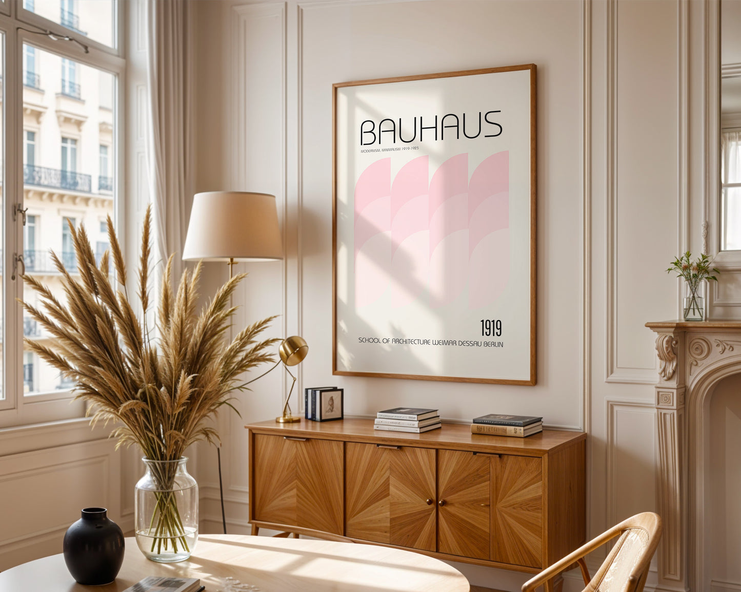 Modern interior with a 'Bauhaus' poster on the wall, wooden cabinet, and decorative items.