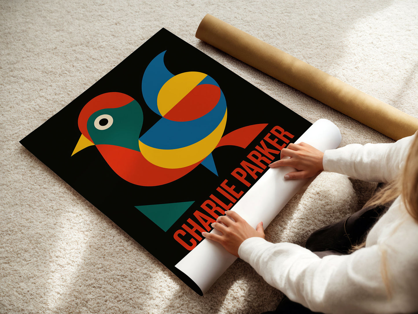 Person unrolling a poster with a colorful bird design and 'Charlie Parker' text on a carpeted floor.