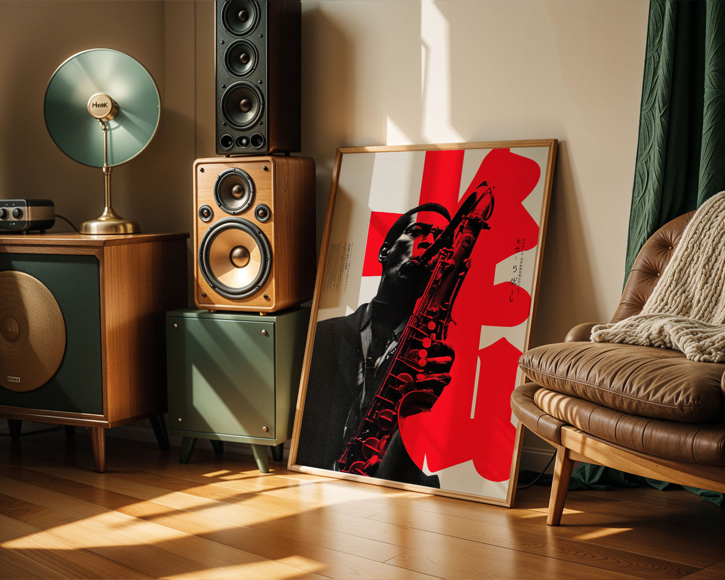 Living room with wooden speakers, a lamp, and a painting of a person playing a saxophone.