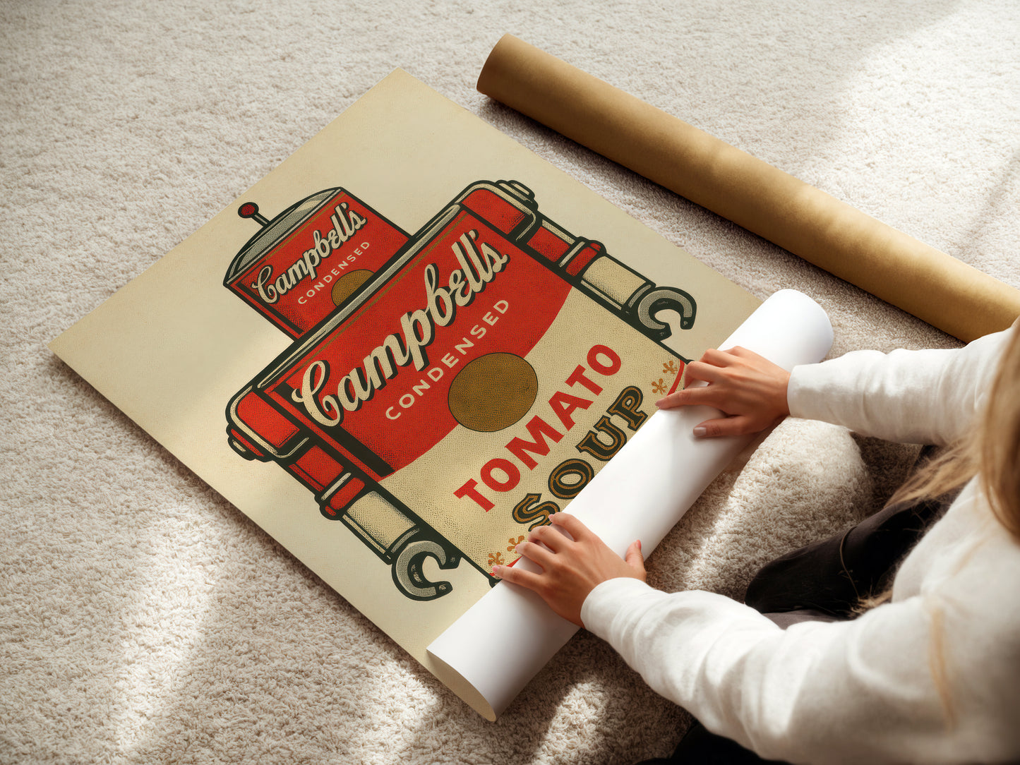 Person unrolling a large poster of Campbell's Tomato Soup can design on a carpeted floor.