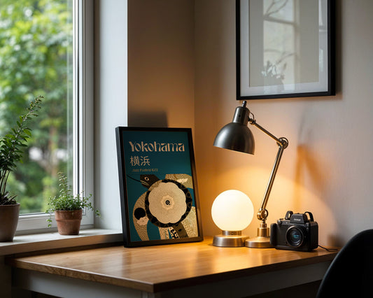 dark academia jazz wall art print in a cozy warm office, with a desk and vintage camera .