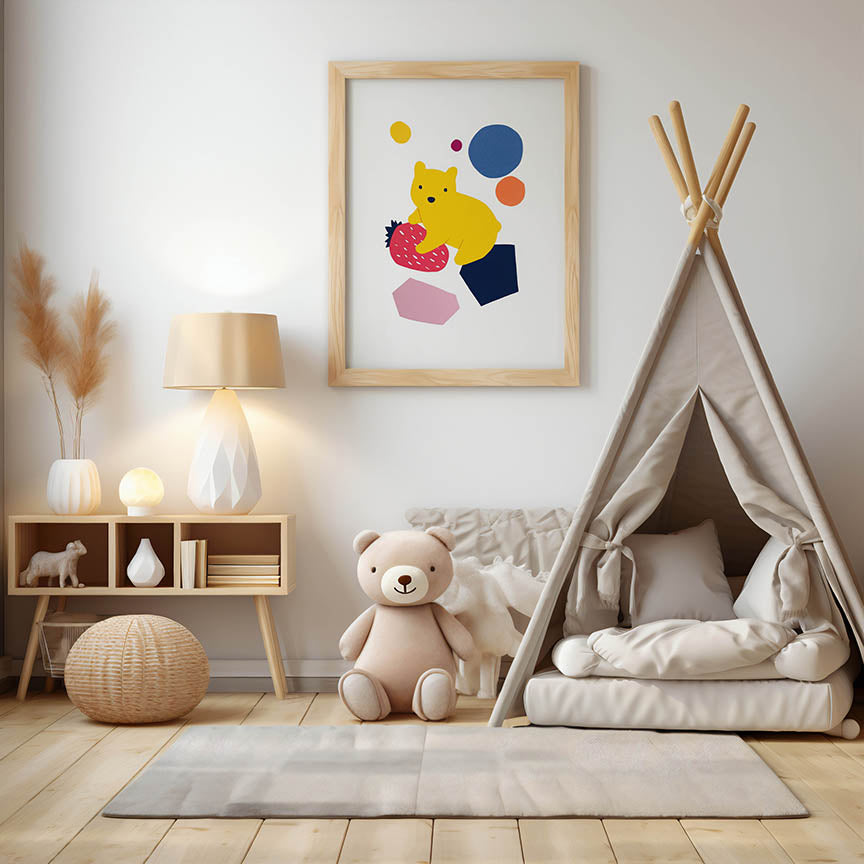 Children's room with a teepee, teddy bear, and wall art in a cozy setting.
