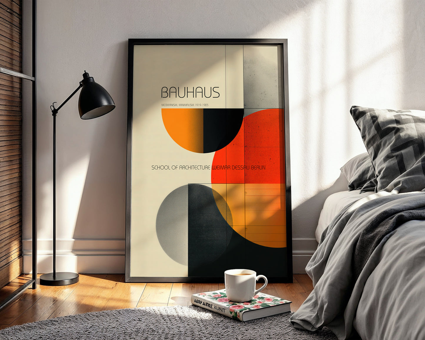 Bauhaus poster in a modern bedroom with a lamp and bed.
