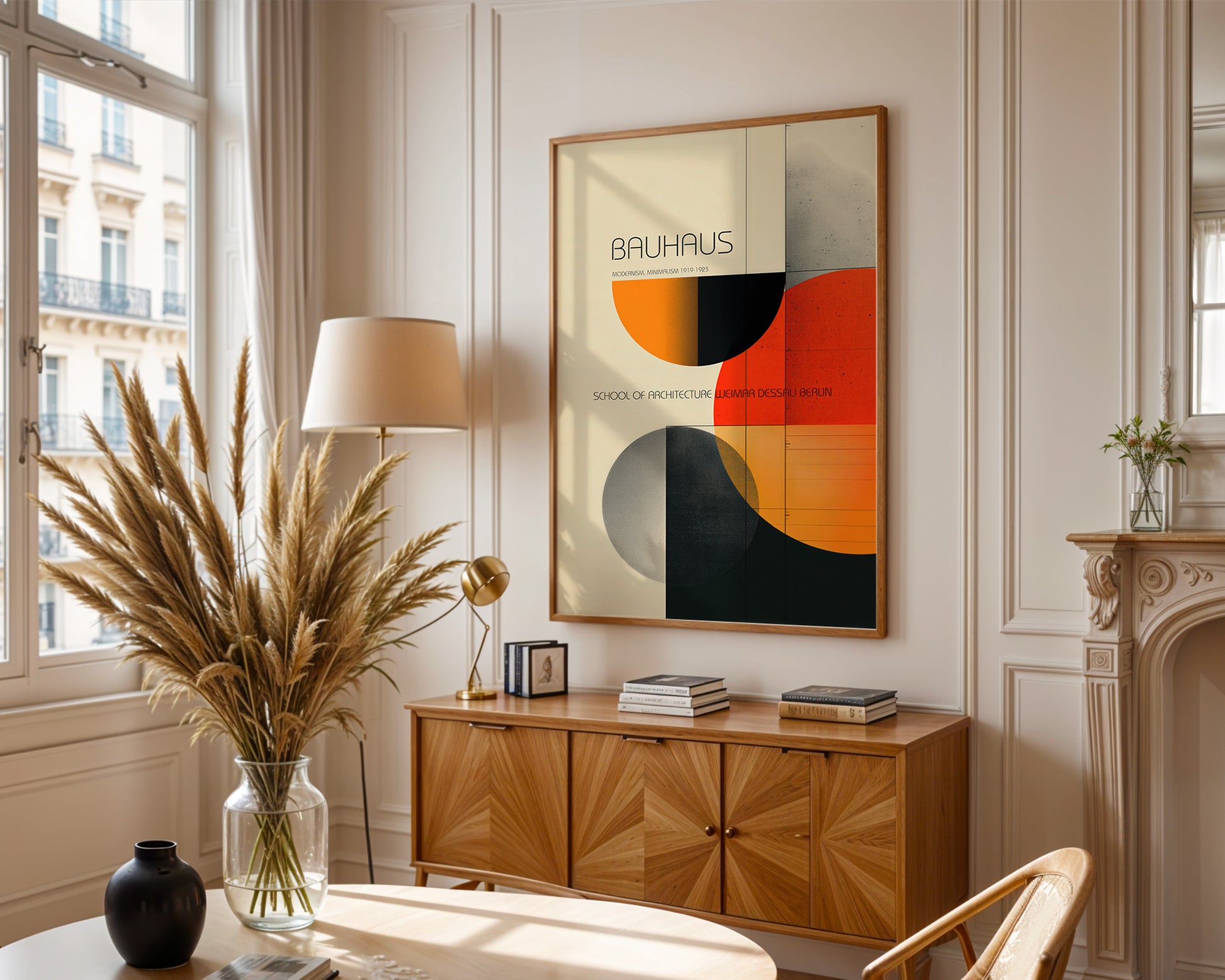 Colourful mid-century style poster adding bold accent to modern home interior