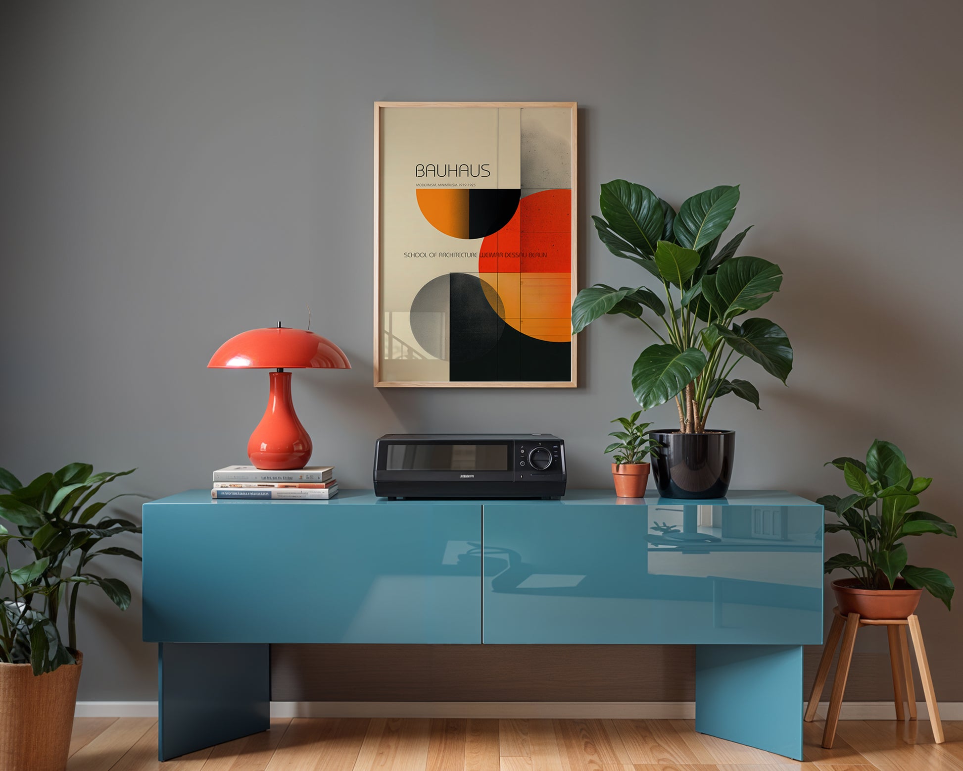Mid-century modern poster styled in clean Scandinavian inspired living space