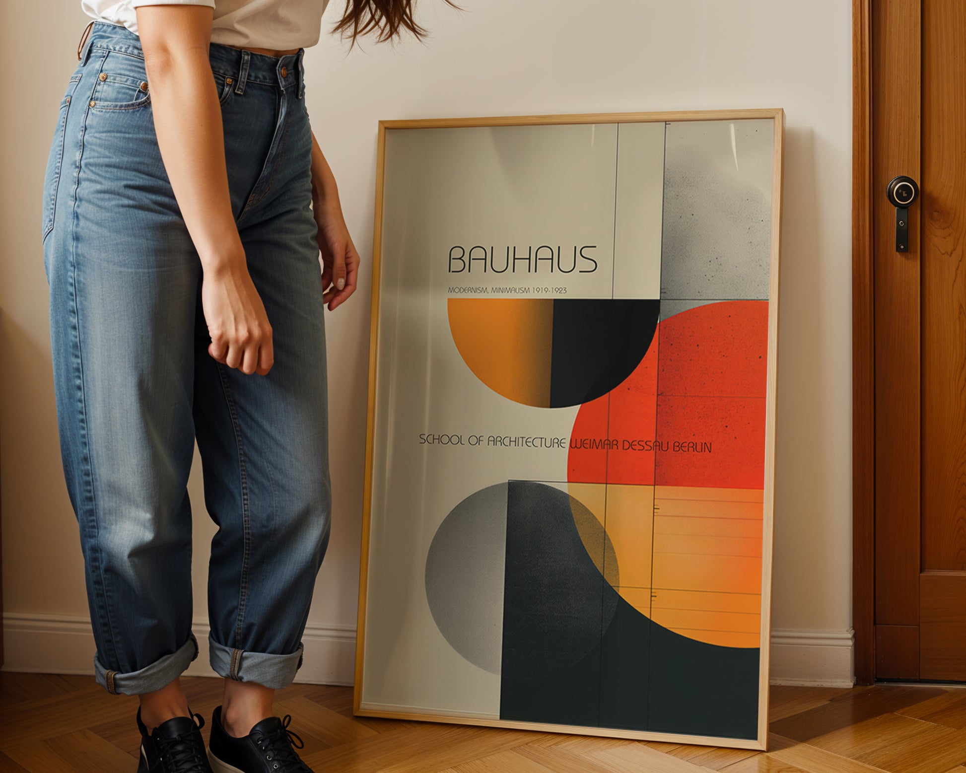 Person standing next to a Bauhaus poster in a room with wooden flooring and a door.