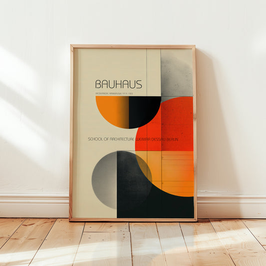 Framed Bauhaus poster on a wall with geometric design