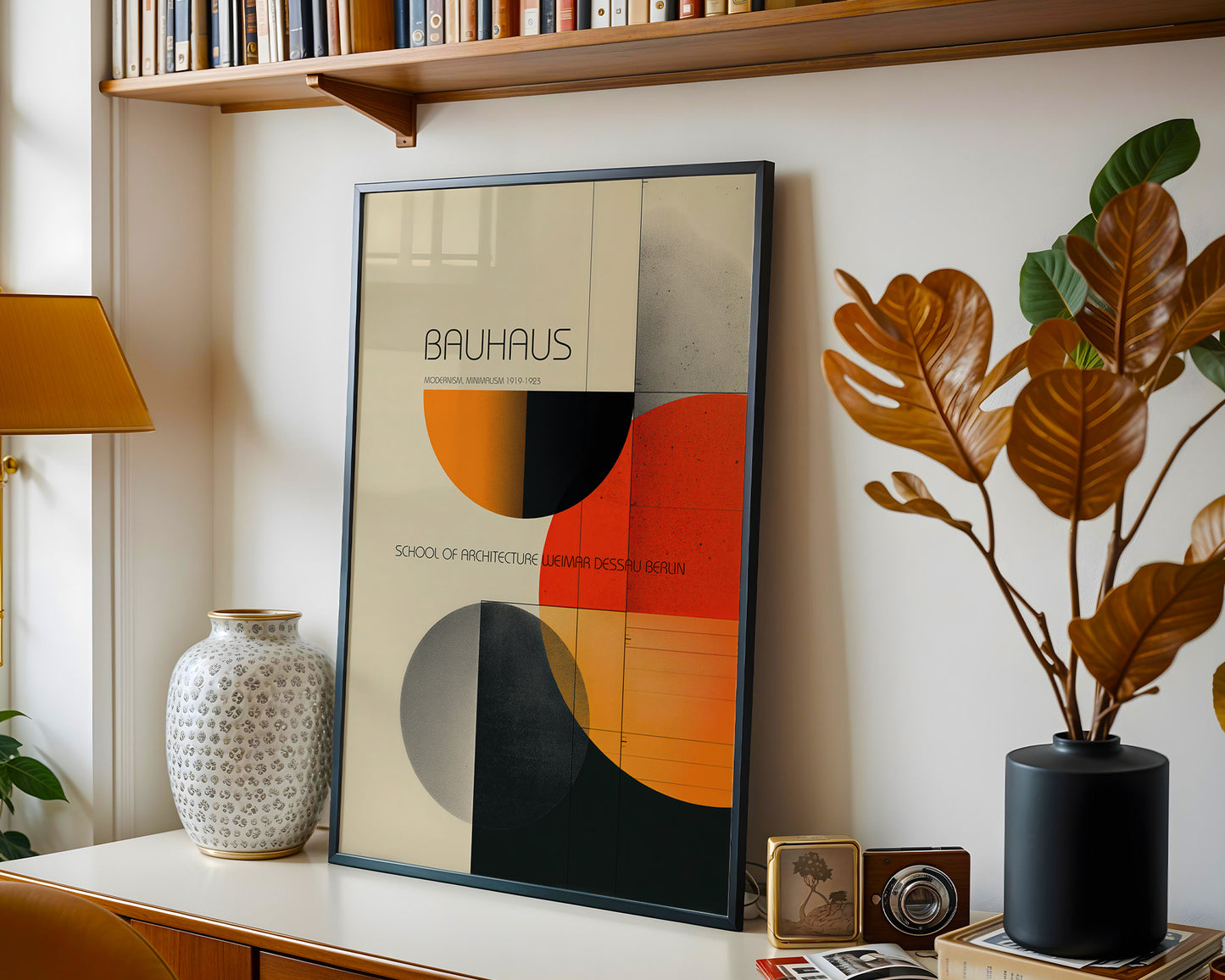 Mid-century modern wall art print featured in neutral interior design space