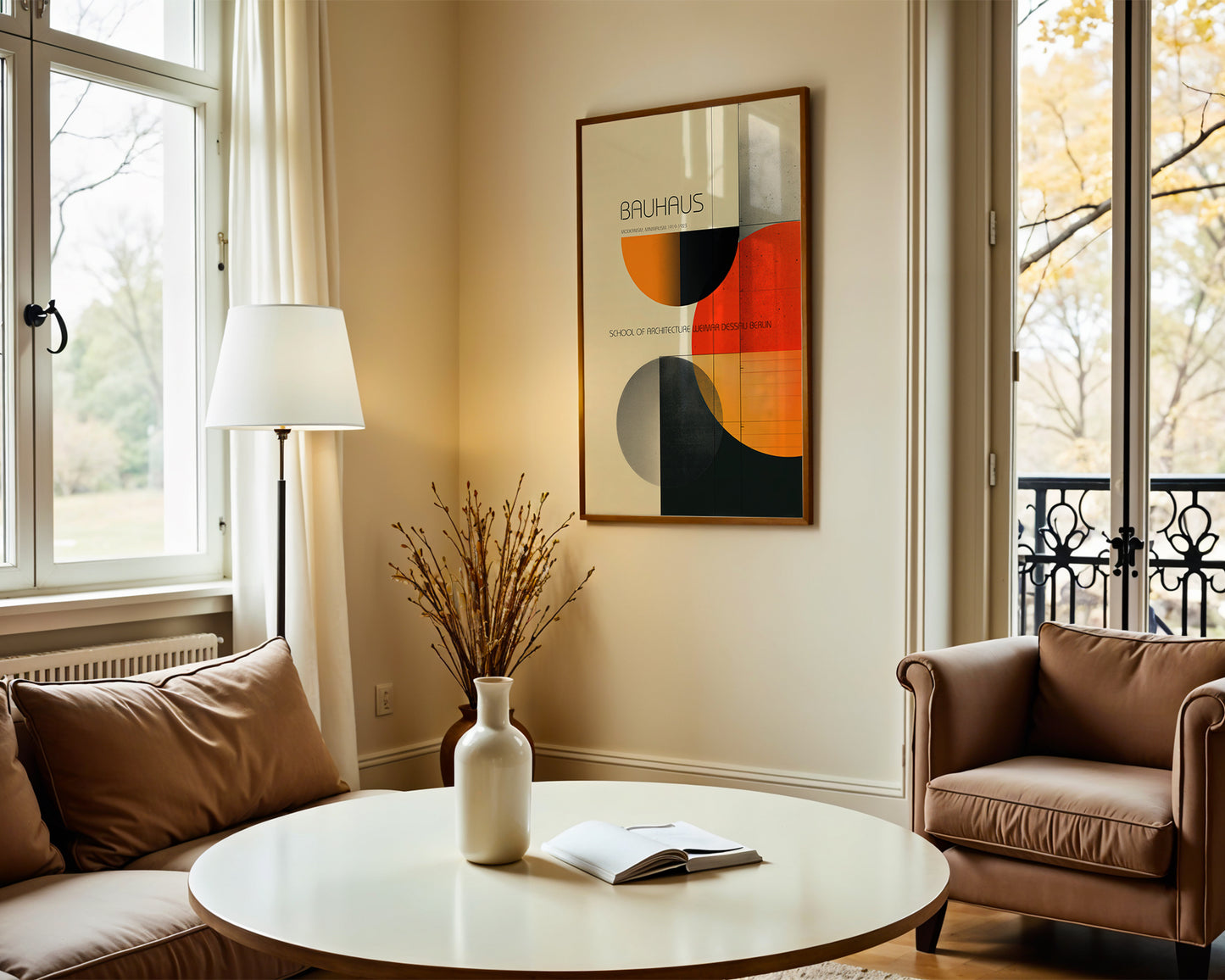Living room with a round coffee table, vase, and chair near a wall with abstract art.