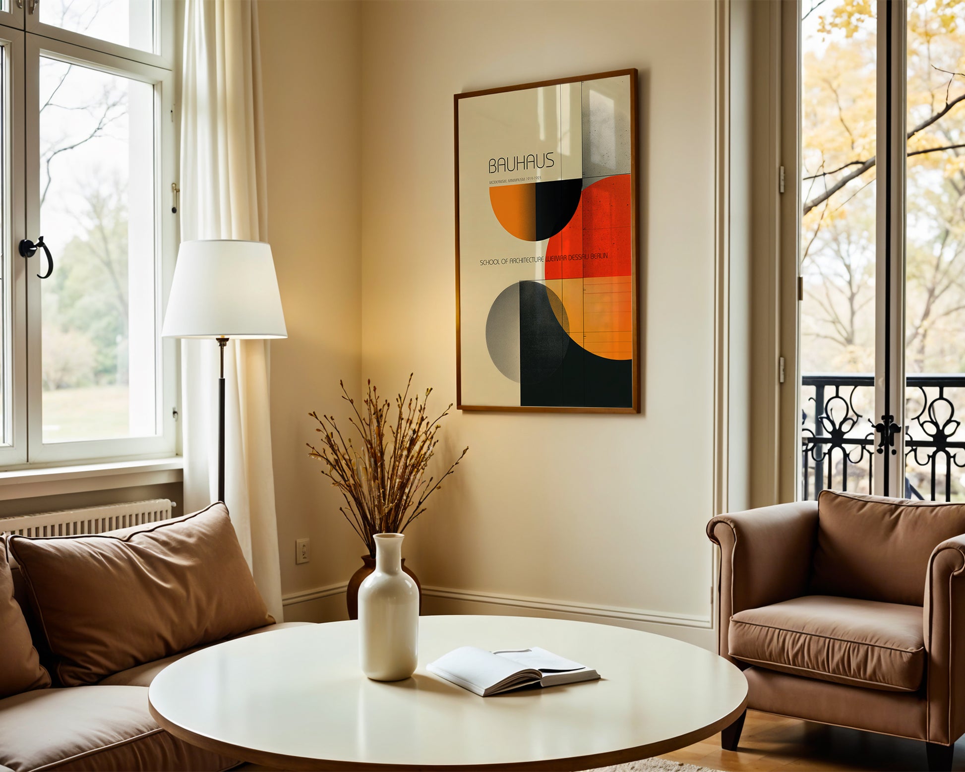 Living room with a round coffee table, vase, and chair near a wall with abstract art.