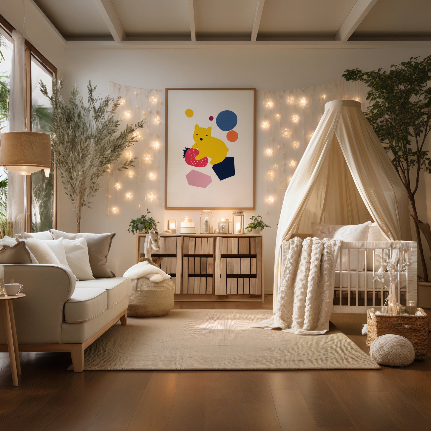 Bear nursery wall art print displayed in wooden frame featuring playful yellow bear holding a large strawberry.