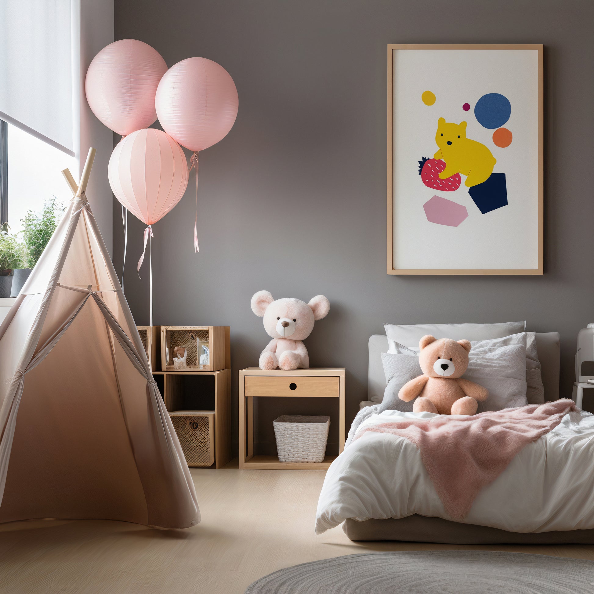Girls bedroom wall art print displayed in wooden frame featuring playful yellow bear holding a large strawberry.