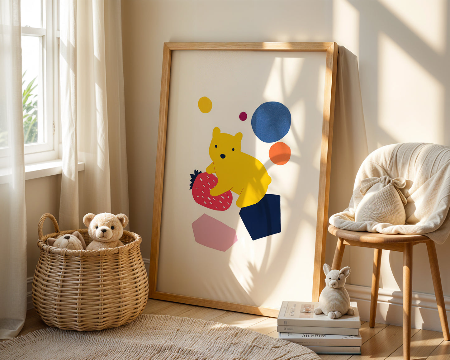 Modern bear nursery wall art print featuring yellow bear sitting on a strawberry with colourful abstract shapes.