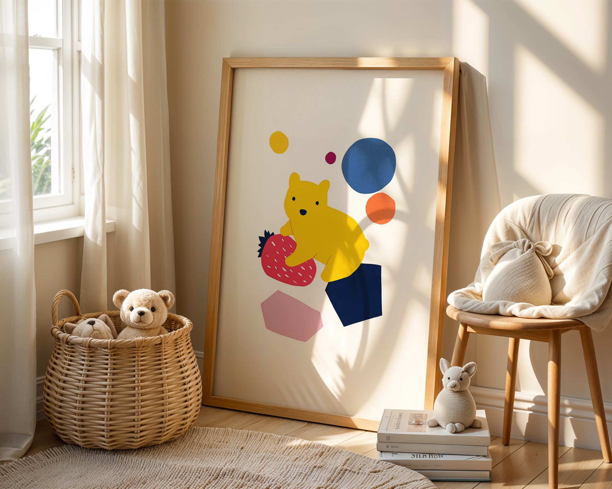 Modern bear nursery wall art print featuring yellow bear sitting on a strawberry with colourful abstract shapes.