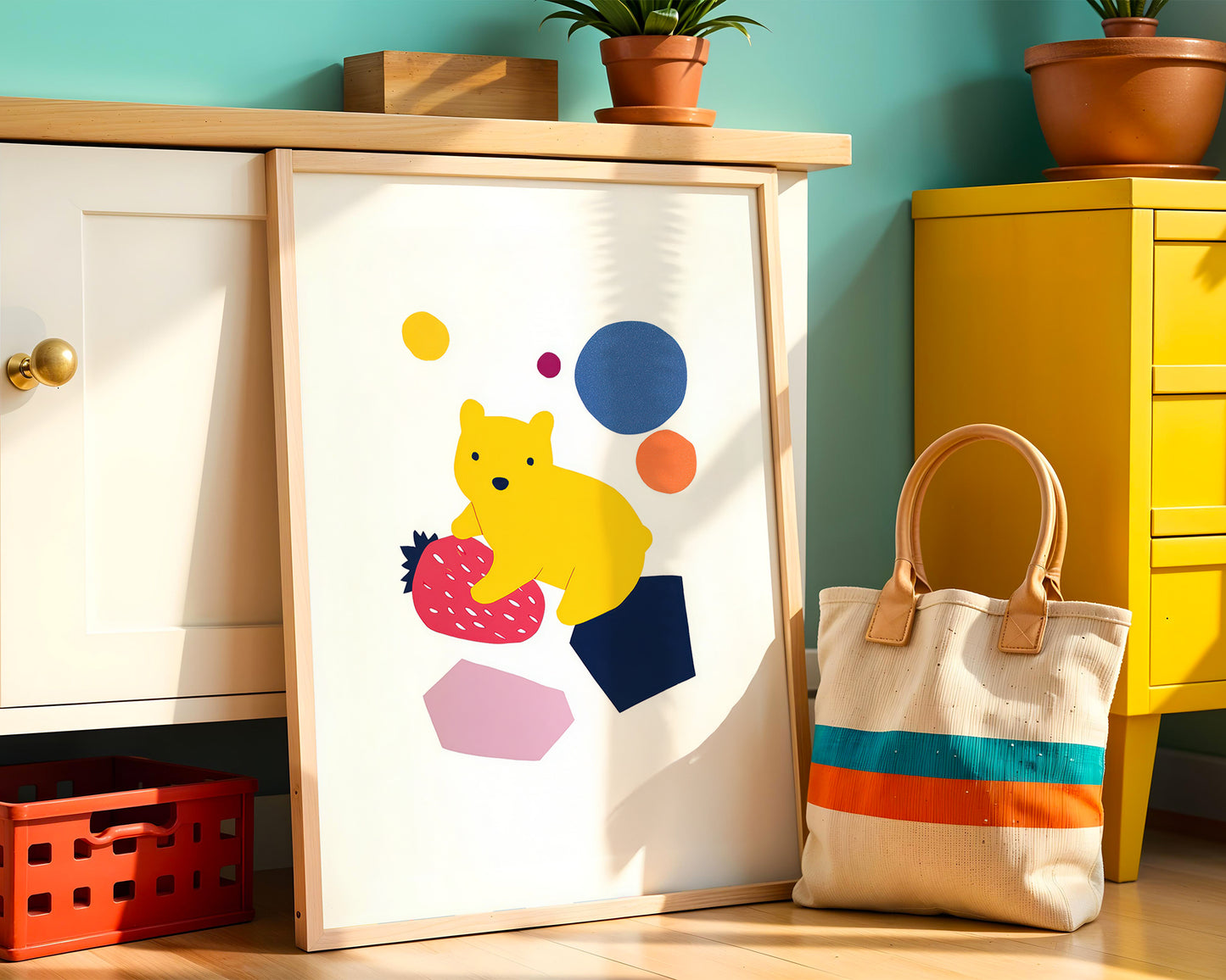 Colorful abstract art print on a wooden surface with a tote bag and decorative items.