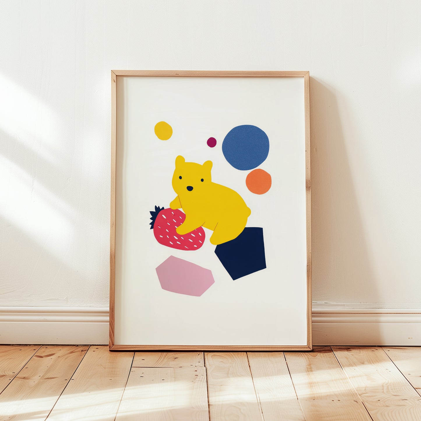 Modern bear nursery wall art print featuring yellow bear sitting on a strawberry with colourful abstract shapes.