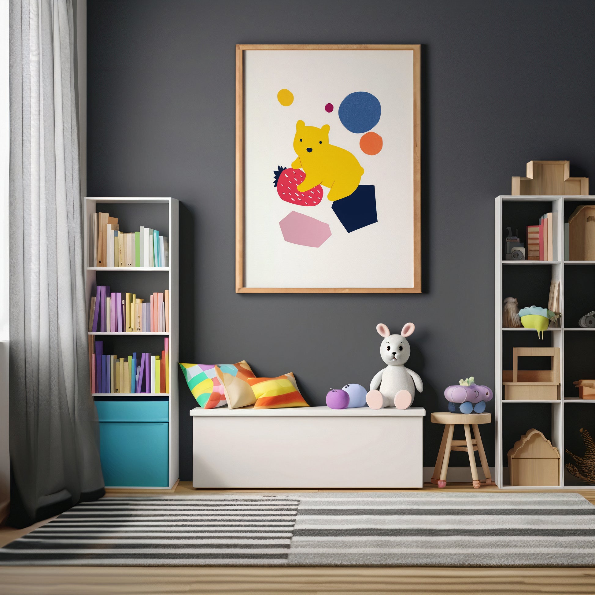 Cool Scandinavian style bear nursery wall art featuring yellow bear sitting on a strawberry with colourful abstract shapes.