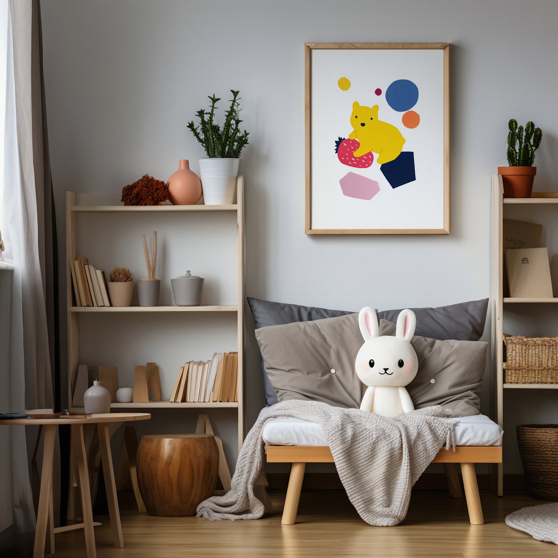 Scandinavian style bear nursery wall art featuring yellow bear sitting on a strawberry with colourful abstract shapes.
