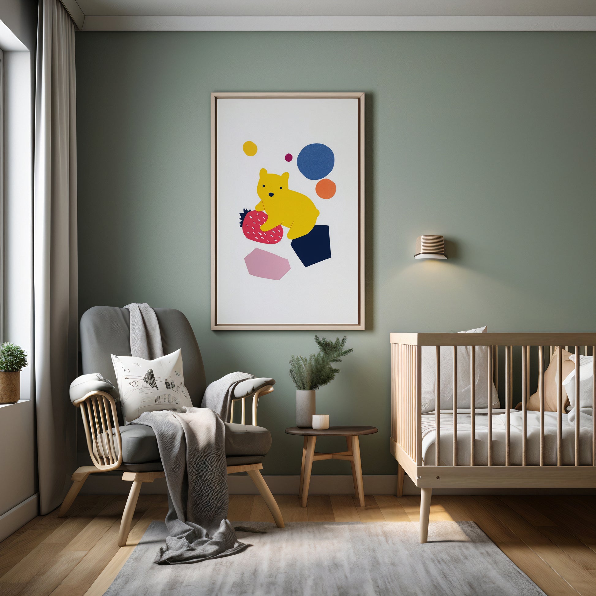 Bear nursery wall art print displayed in wooden frame featuring playful yellow bear holding a large strawberry.
