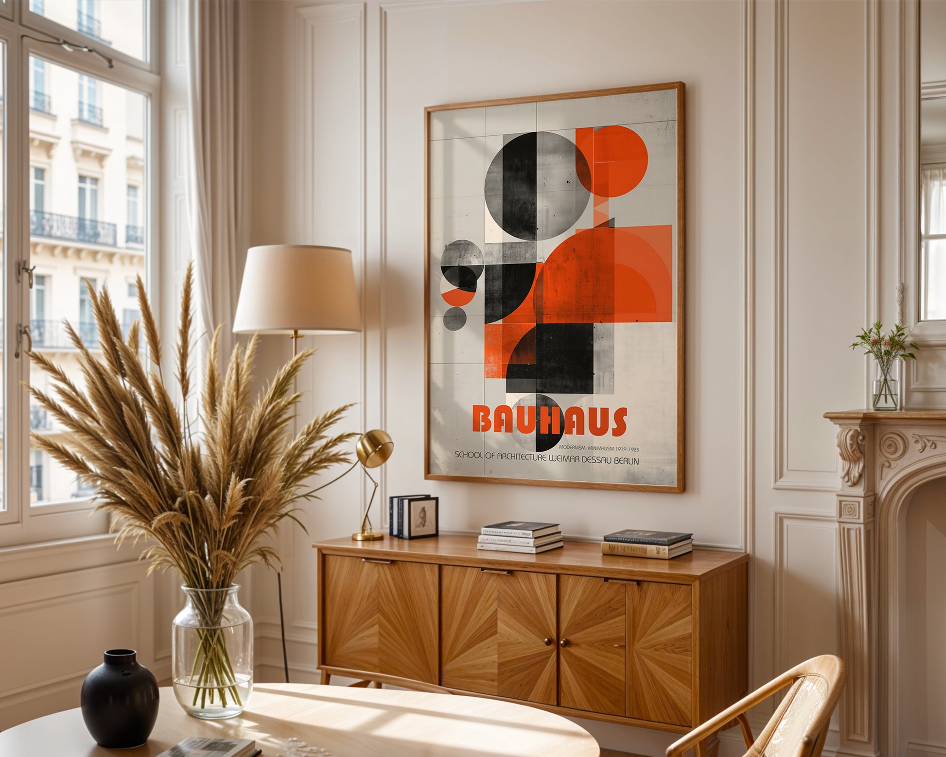 Mid-century modern wall art print featured in neutral interior design space