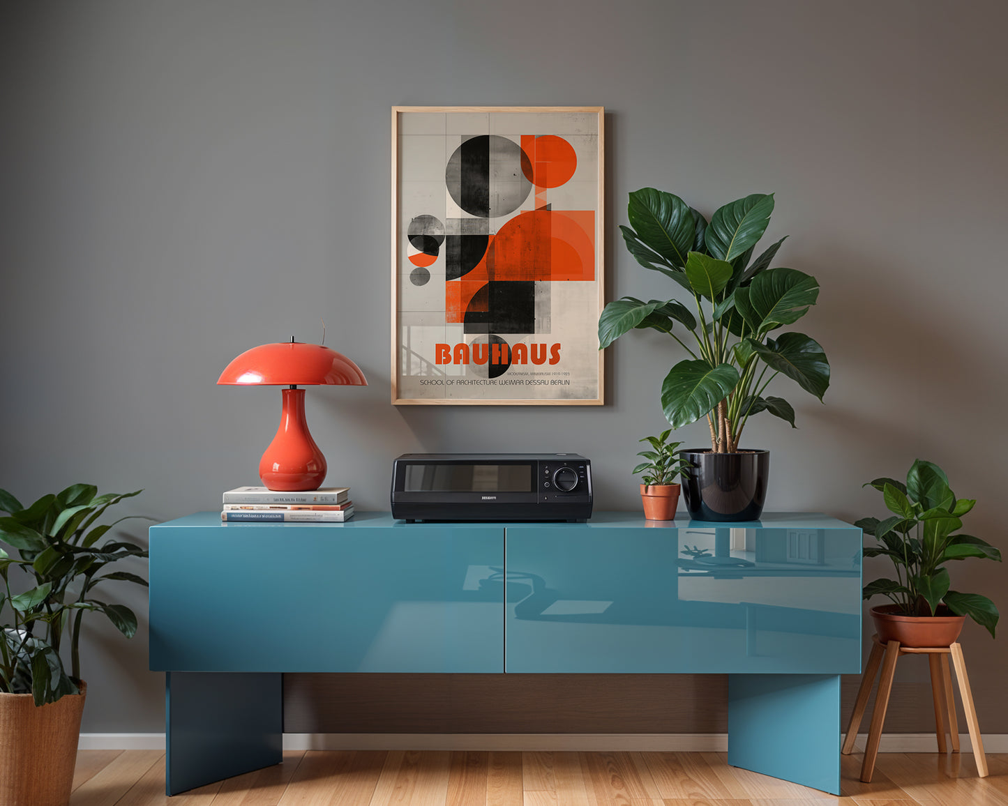 Framed mid-century style wall art print styled against minimalist interior wall