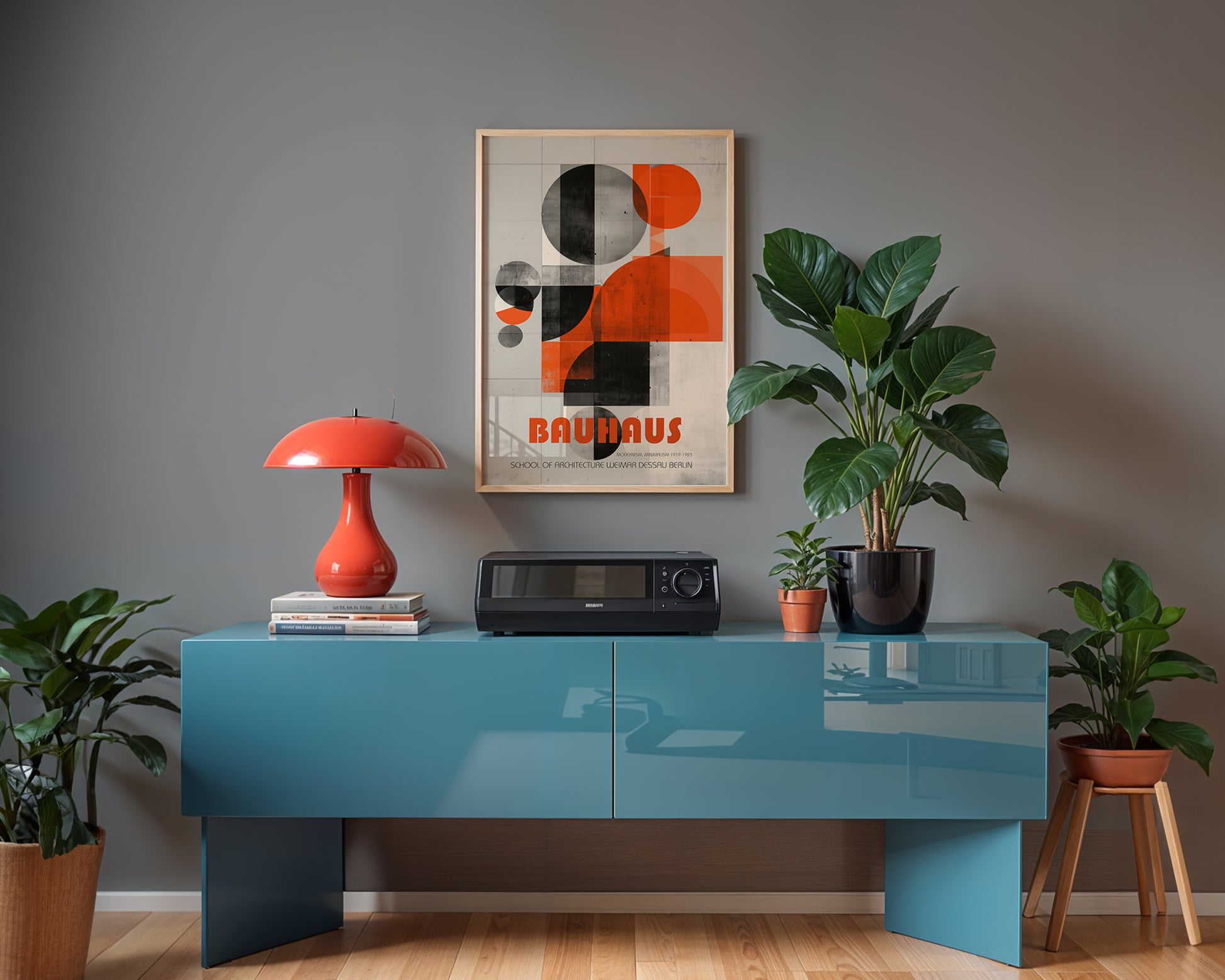 Framed mid-century style wall art print styled against minimalist interior wall