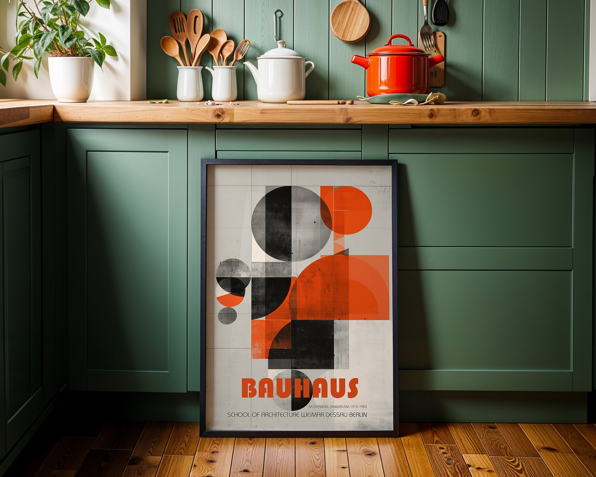 Kitchen with green cabinets, wooden countertop, and a Bauhaus-style poster on the wall.