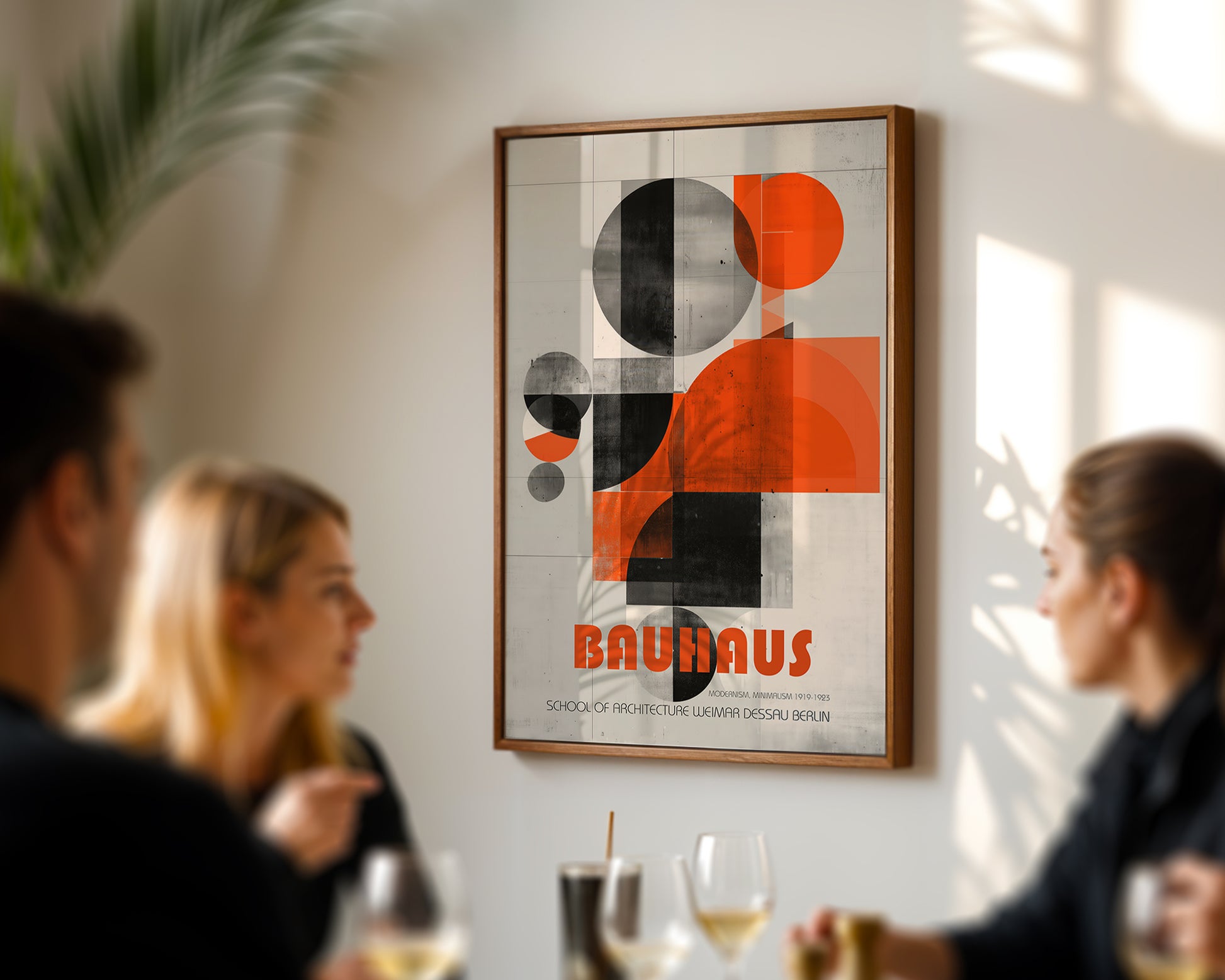Colourful mid-century style poster adding bold accent to modern home interior