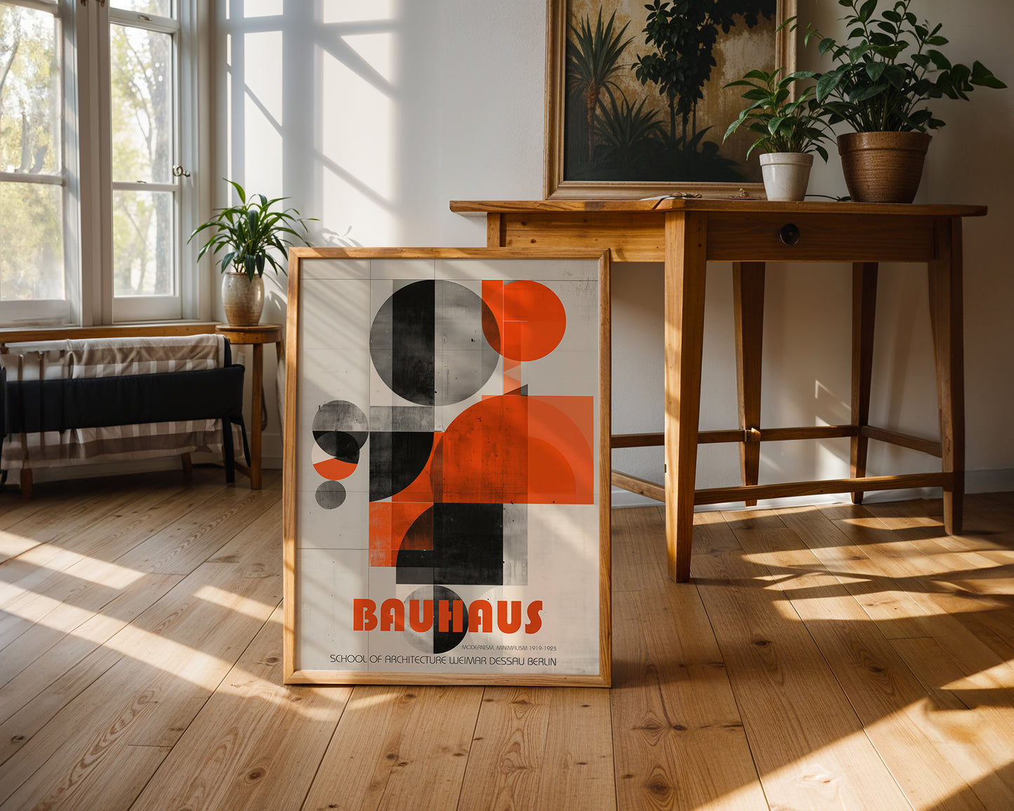 Framed abstract art print on a wooden floor with a table and plants in the background