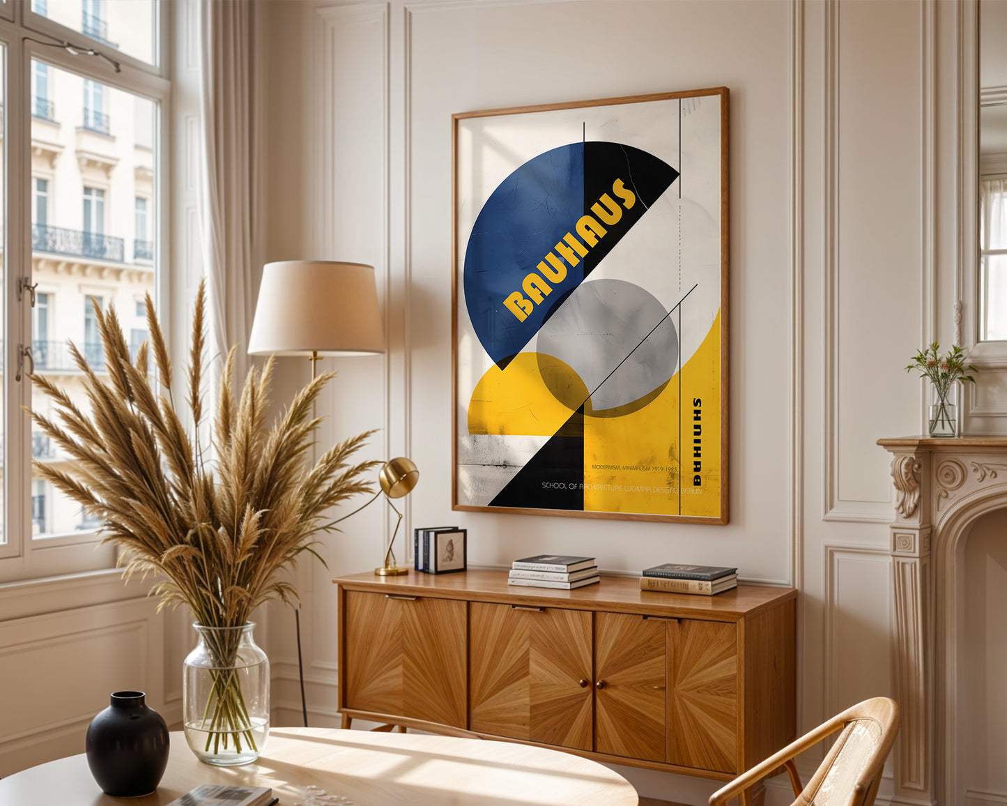 Modern french style  interior with a 'Bauhaus' art piece on the wall, wooden cabinet, and decorative items.