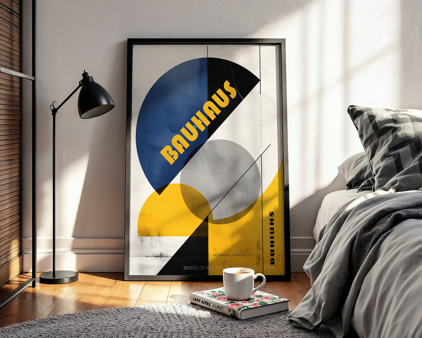 Bauhaus poster in a modern bedroom with a lamp and bed.