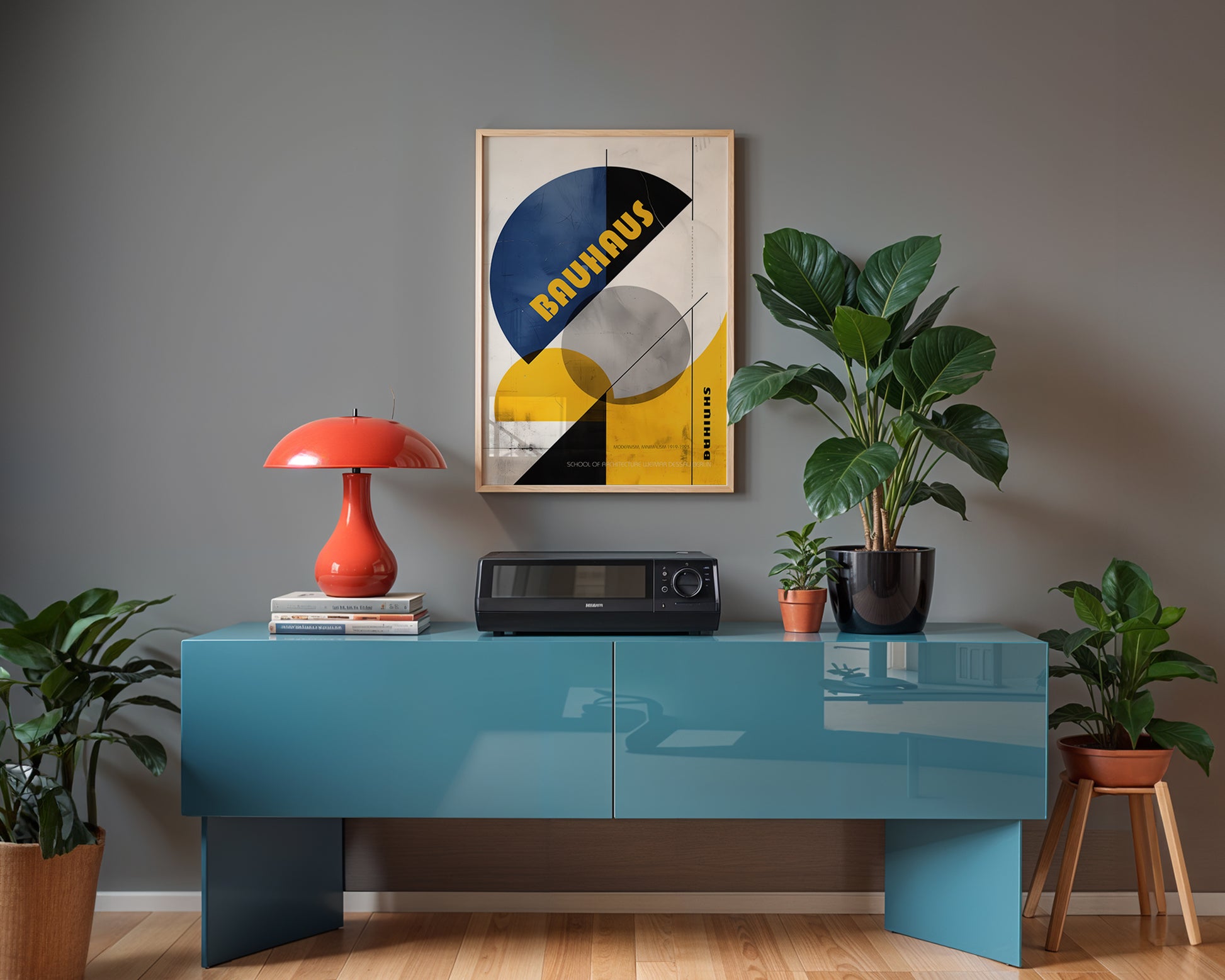 Mid-century modern poster styled in clean Scandinavian inspired living space