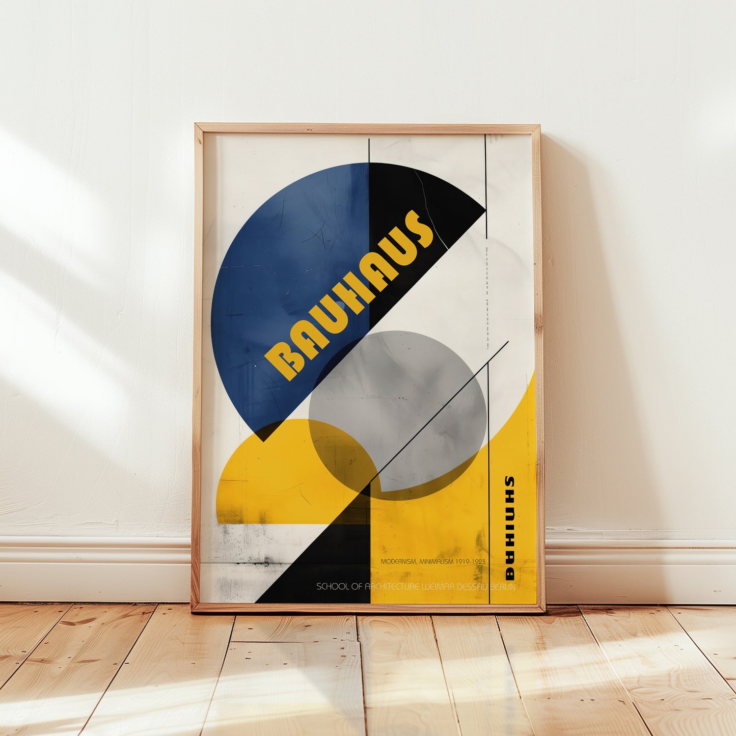 Framed Bauhaus art print on a wall with geometric design
