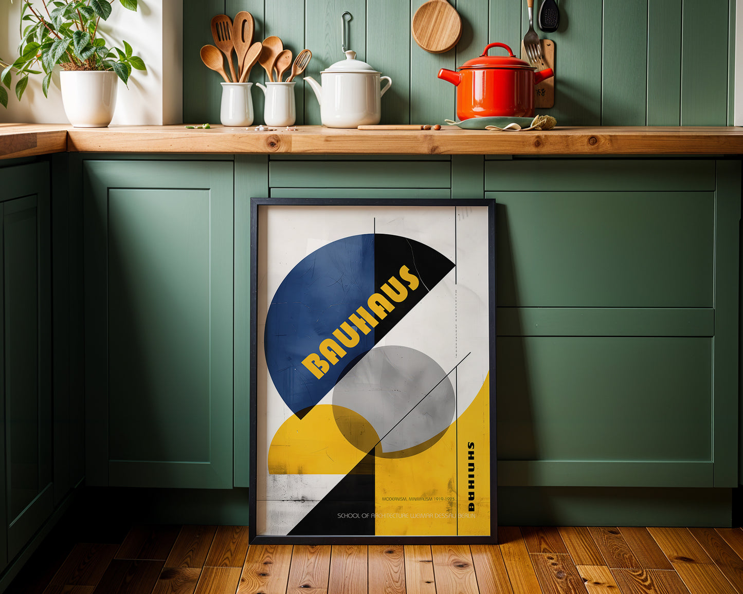 Framed Bauhaus poster on a farmhouse kitchen wall with green cabinets and wooden countertops.