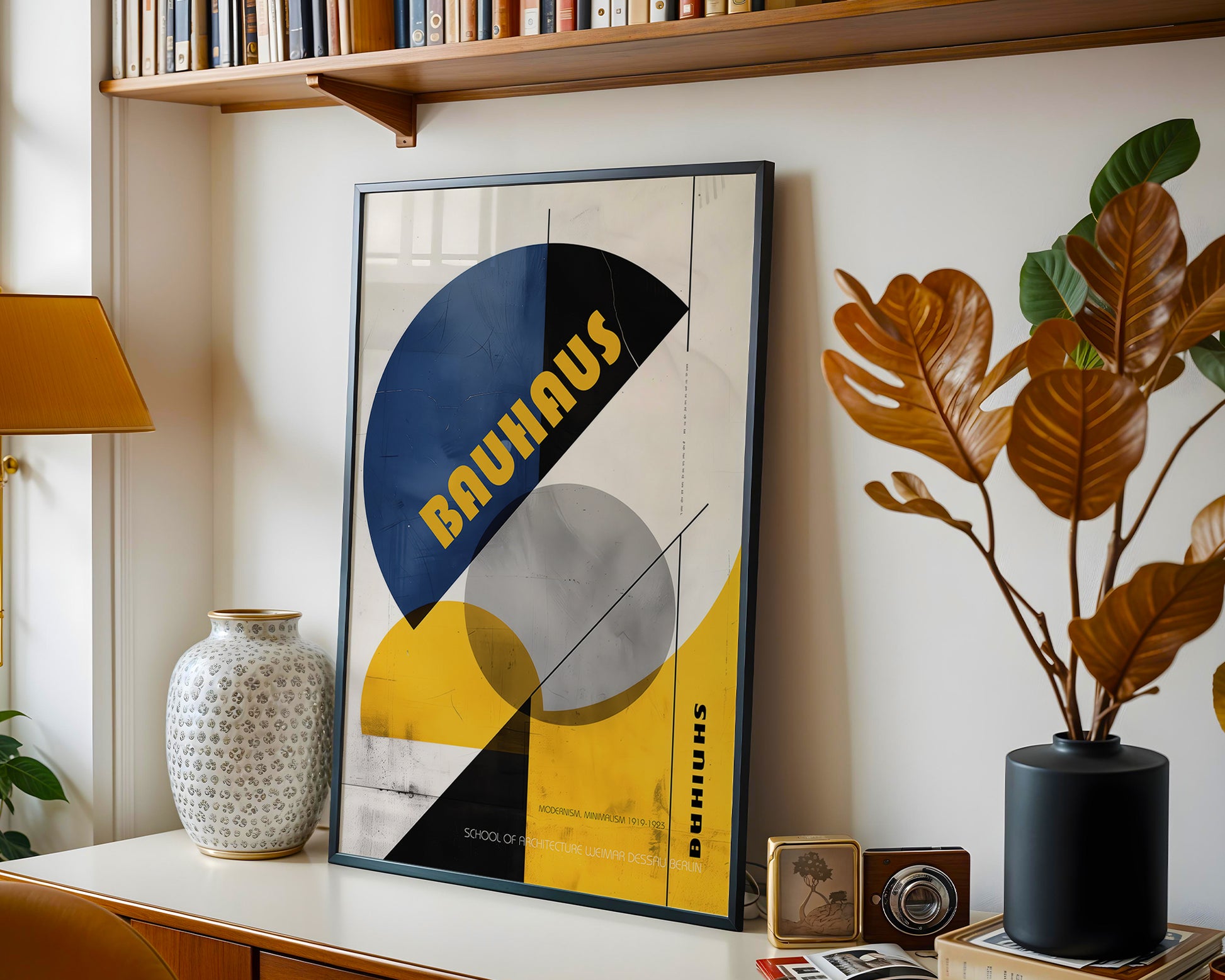 Colourful mid-century style poster adding bold accent to modern home interior