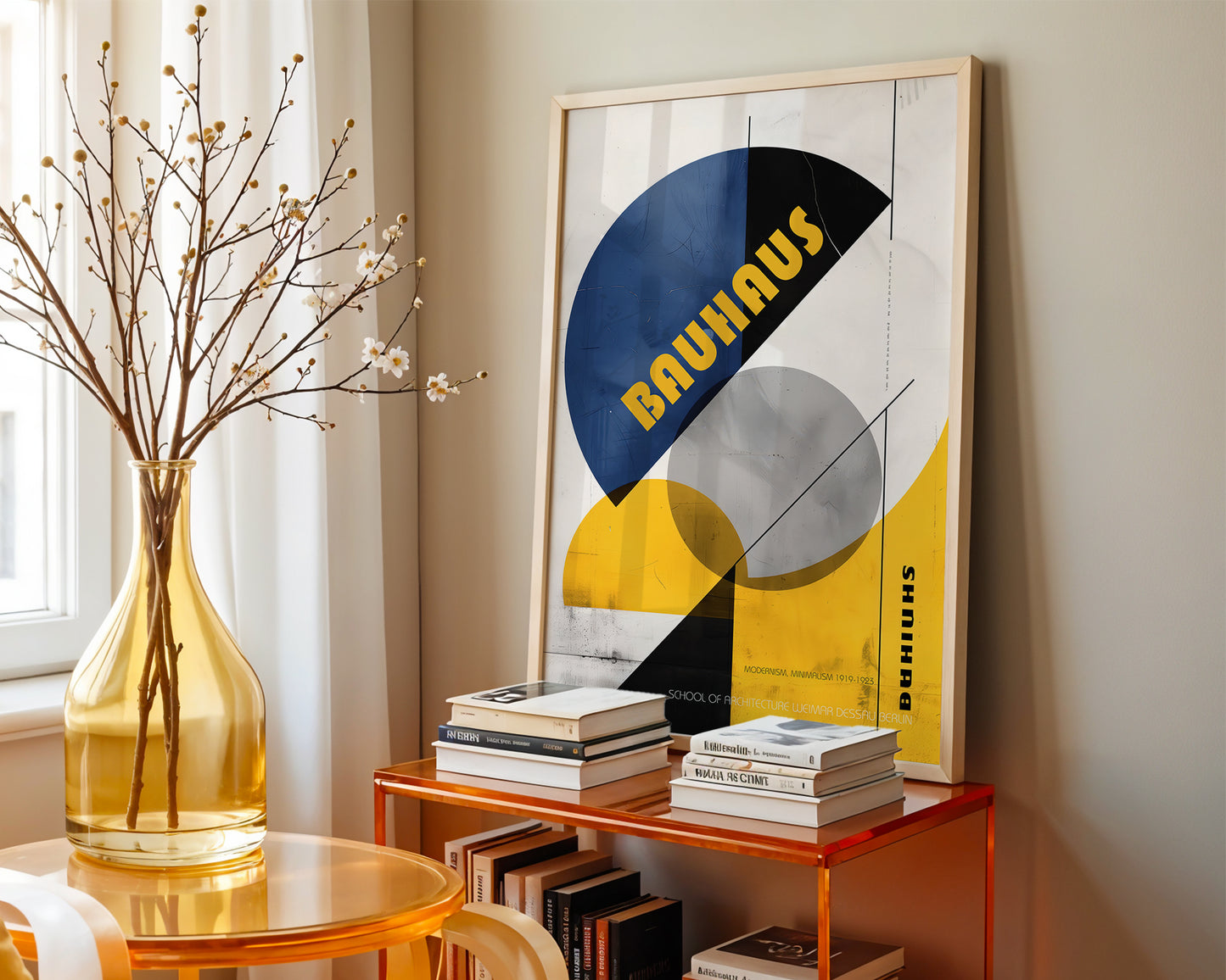 Framed Bauhaus poster in a Colourful mid-century style livingroom with books

