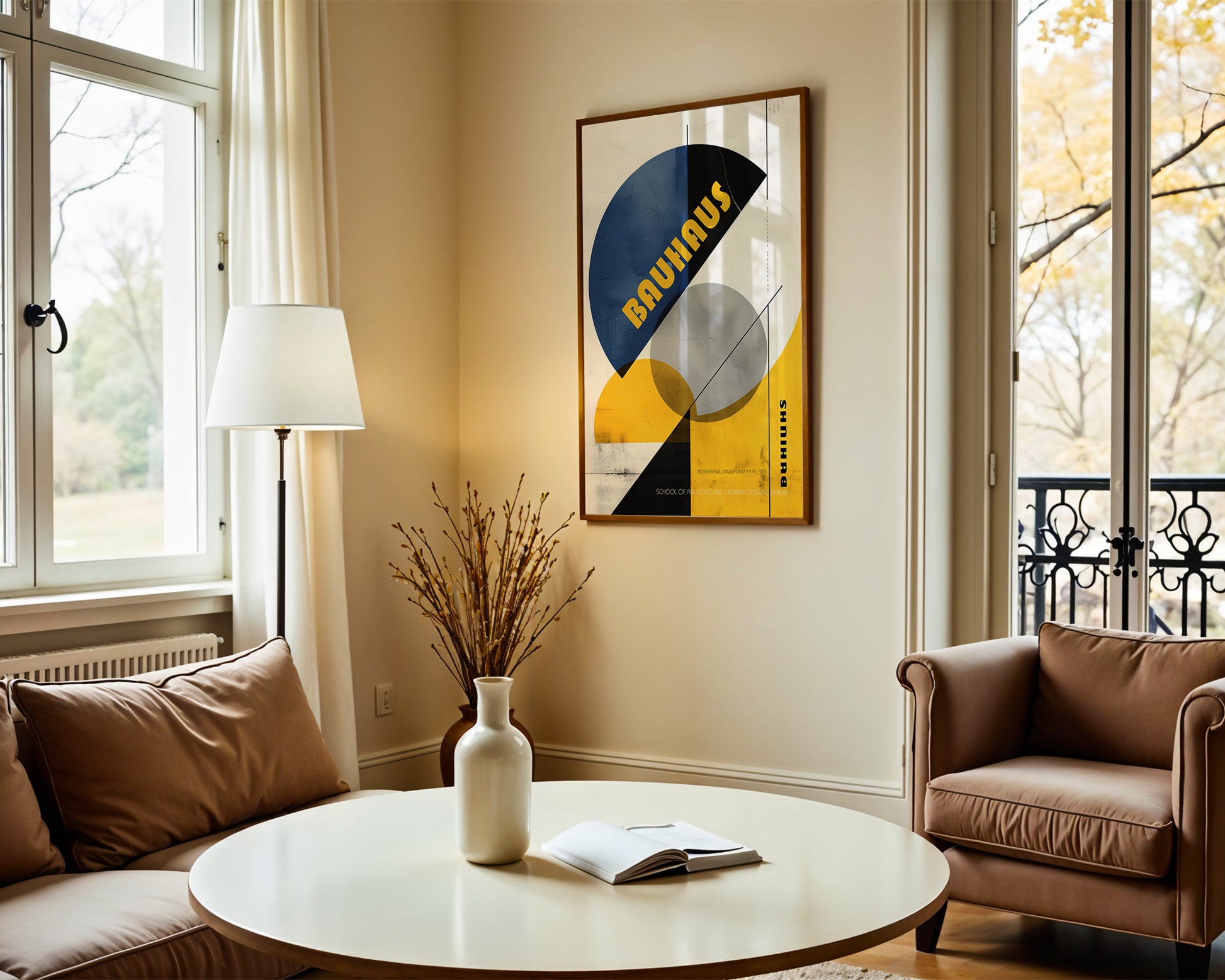 Parisian living room with a round coffee table, vase, and chair, featuring a 'Bauhaus' art print on the wall.