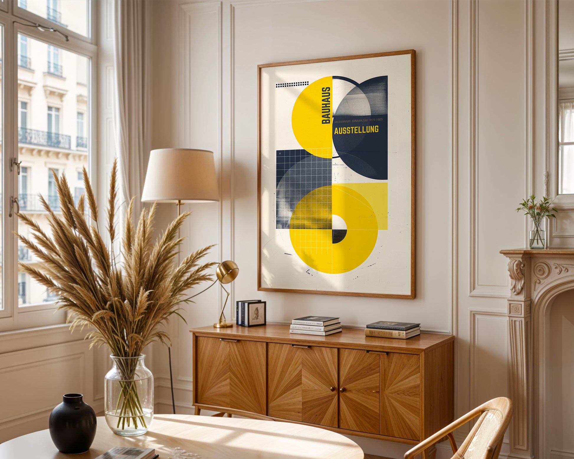 Modern  parisian living room with wooden cabinet, decorative lamp, and abstract art on the wall.