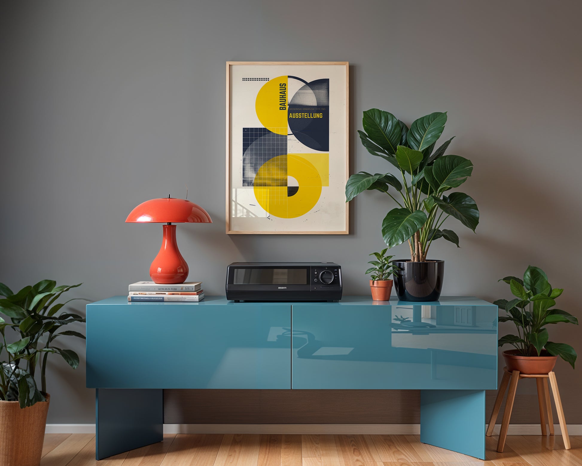Modern music room  nterior with a Colourful mid-century style poster adding bold accent to modern Scandinavian inspired living space