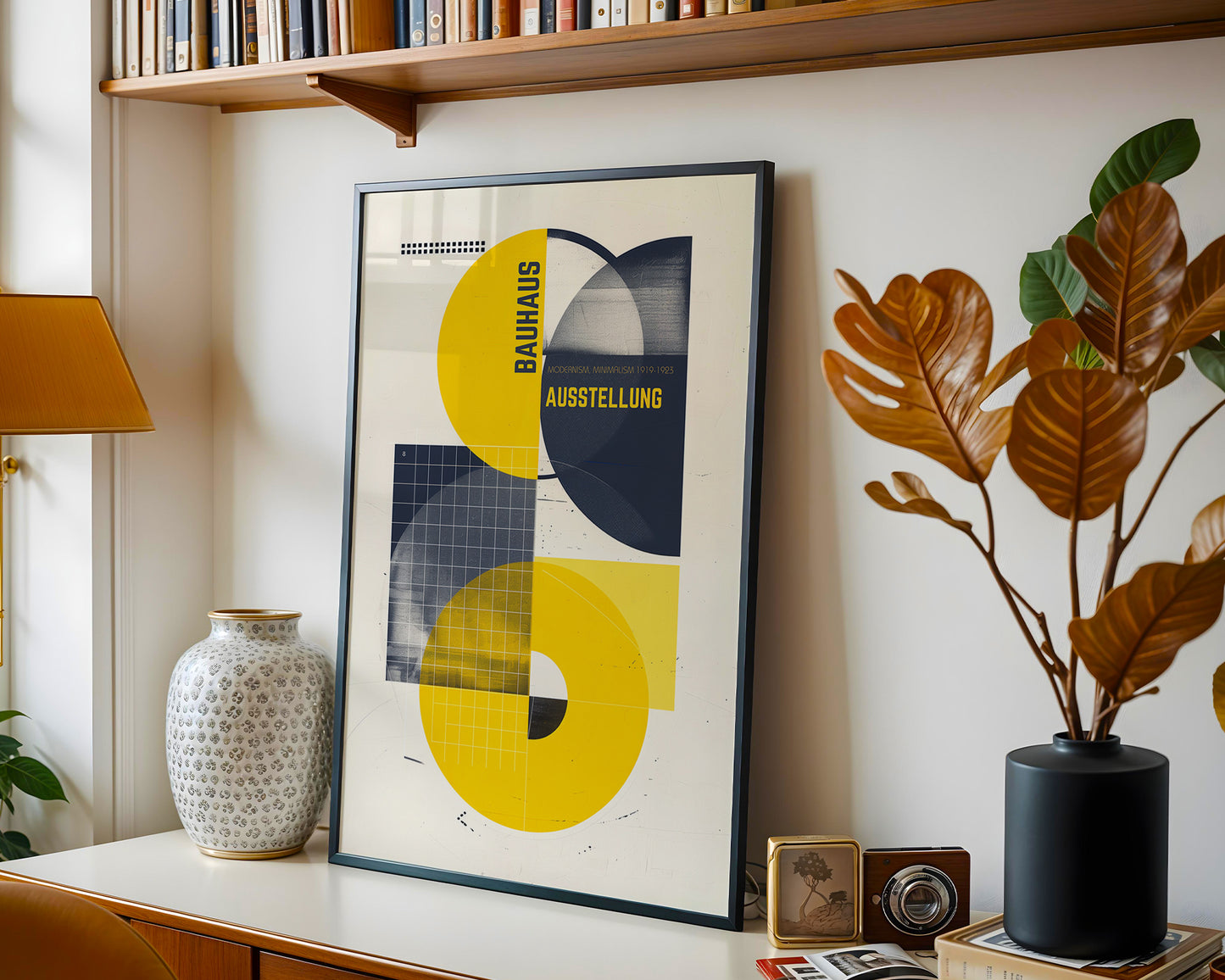 Mid-century modern wall art print featured in neutral interior design space
