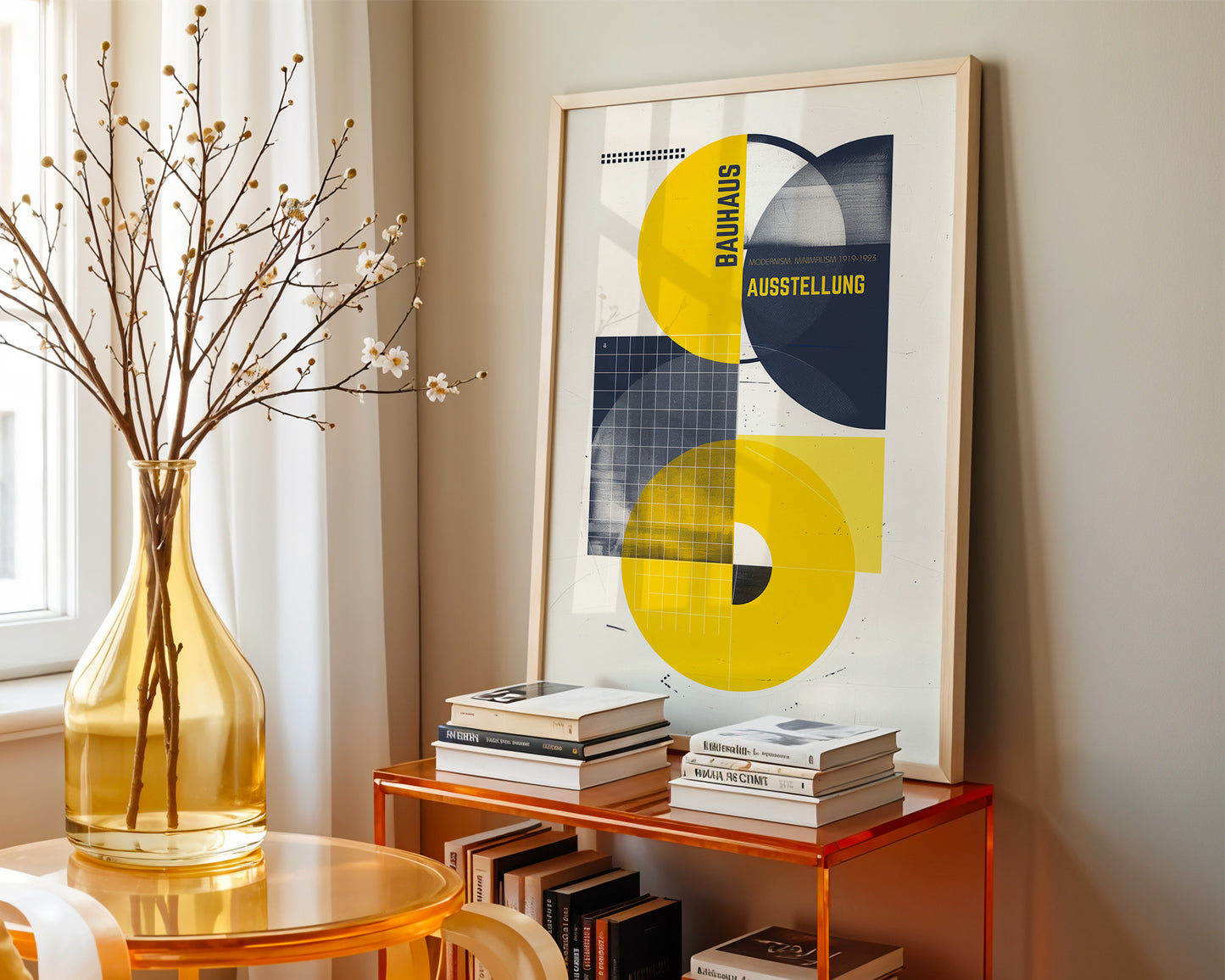 Modern  french interior with abstract art, books, and a vase on a shelf.