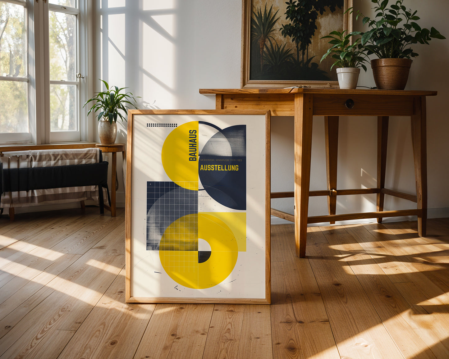 Framed abstract art in a modern scandi interior .
