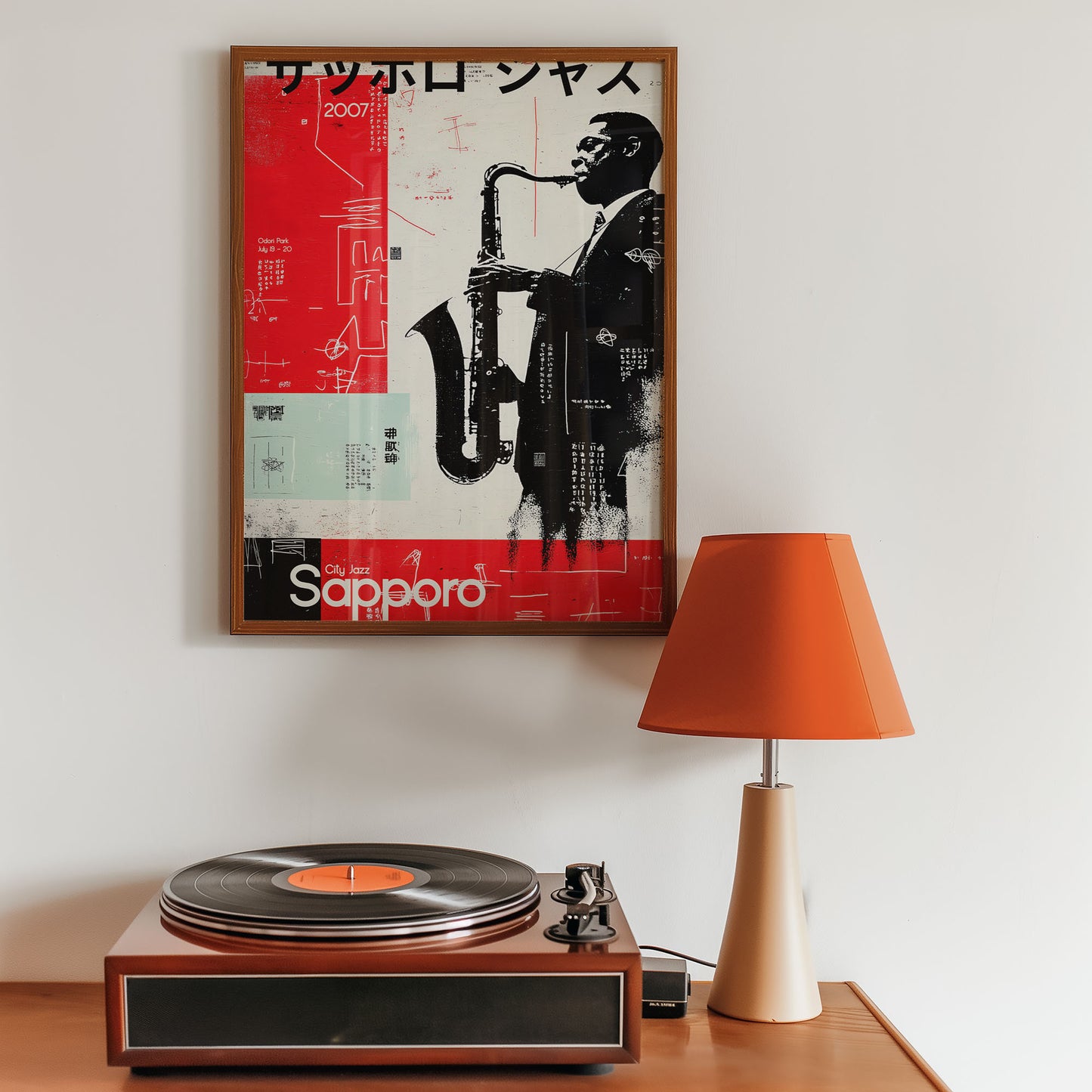 Japanese jazz art poster of saxophonist in Sapporo festival design with red and black graphic layout
