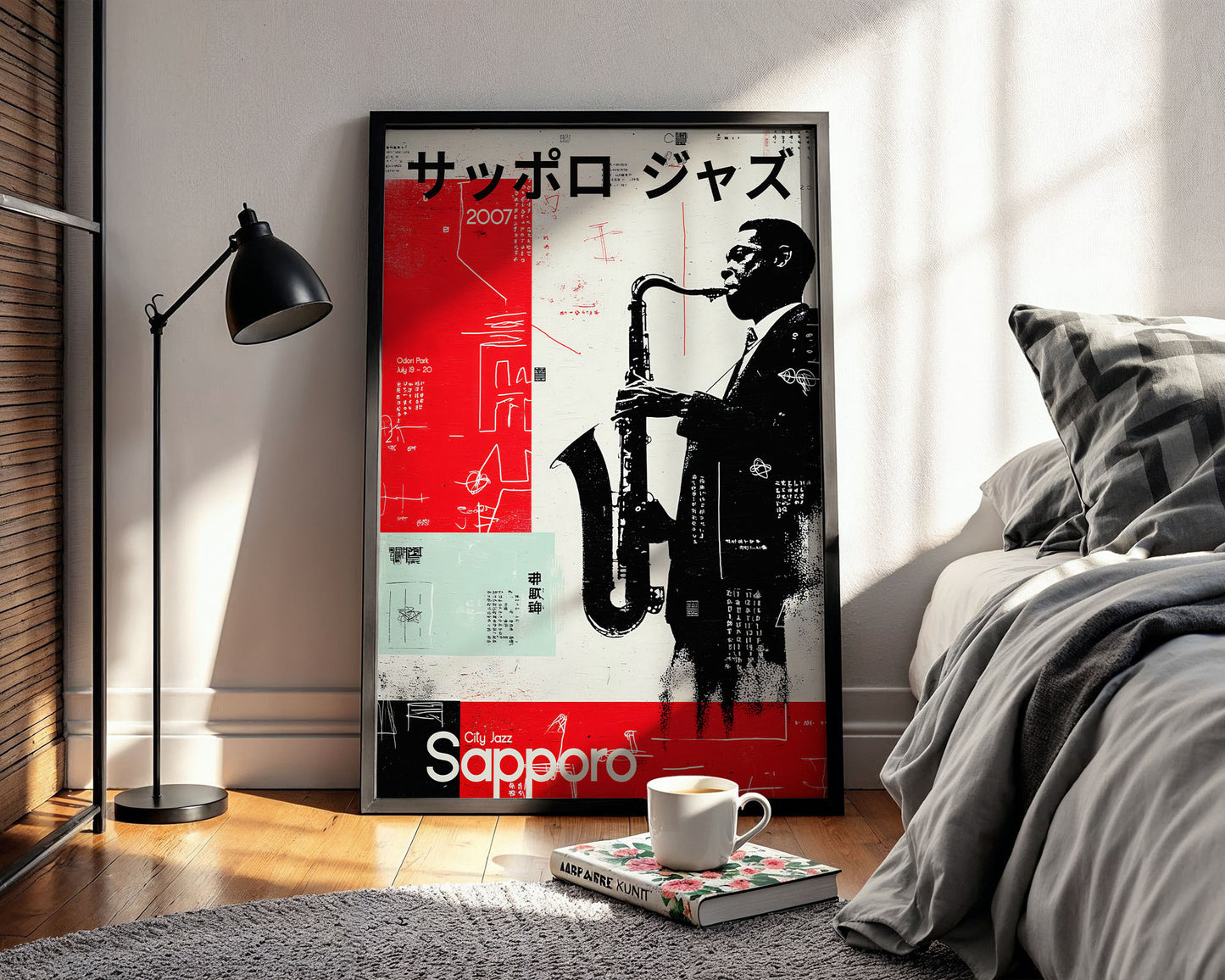 Framed poster of a saxophonist with Sapporo branding in a bedroom setting.