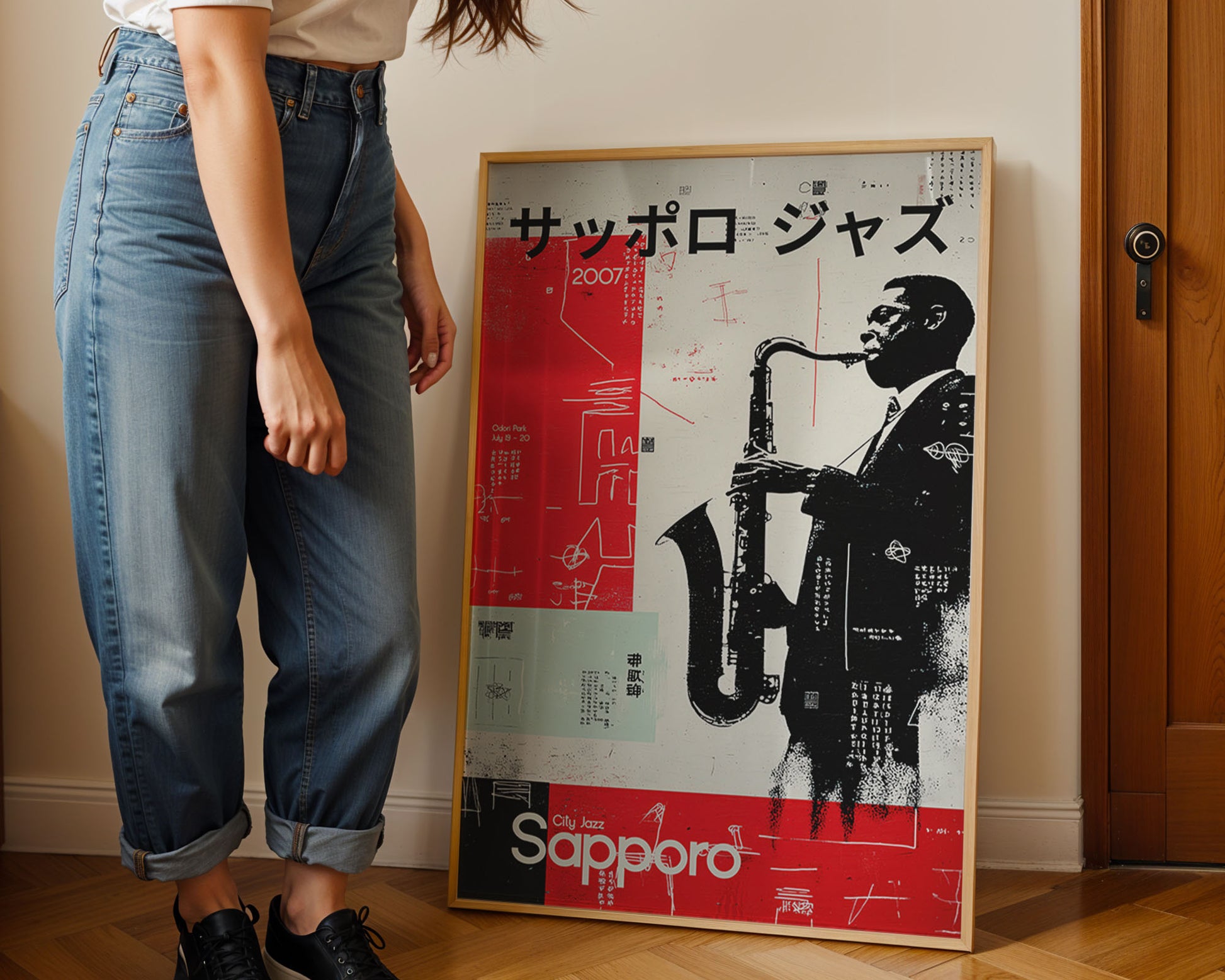 Person standing next to a framed poster of a saxophonist with 'Sapporo' branding.