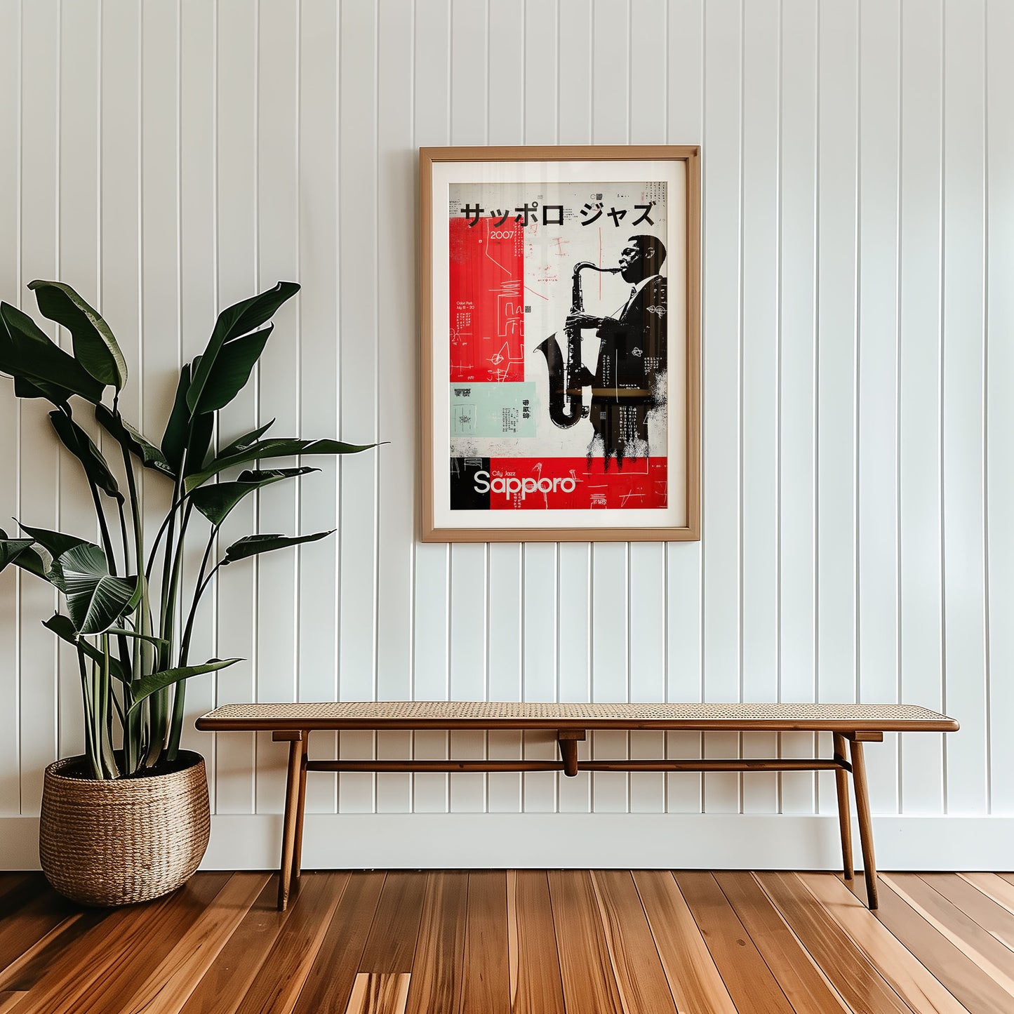 Modern Sapporo jazz wall art in Japanese style with red and black abstract typography and saxophone illustration
