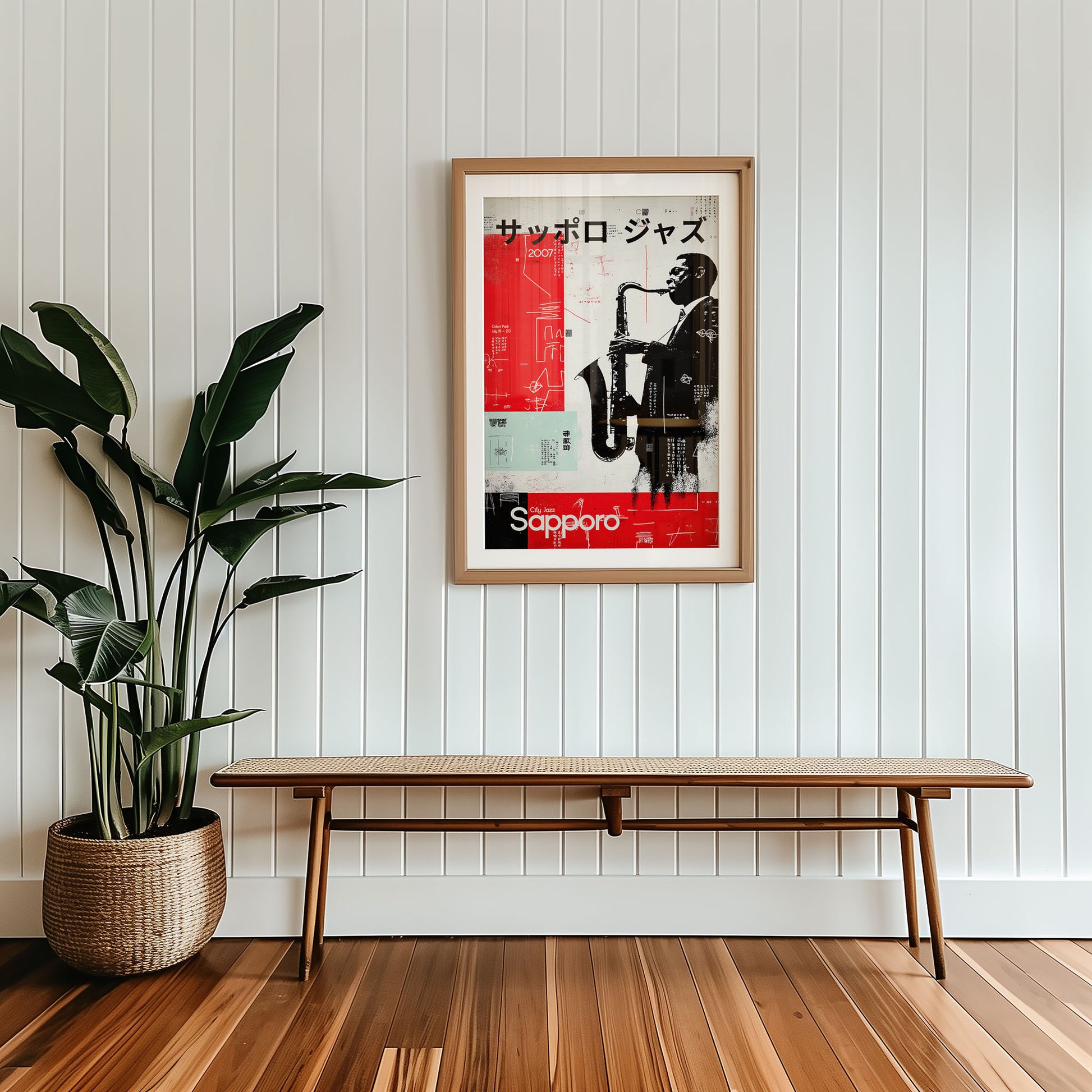 Modern Sapporo jazz wall art in Japanese style with red and black abstract typography and saxophone illustration
