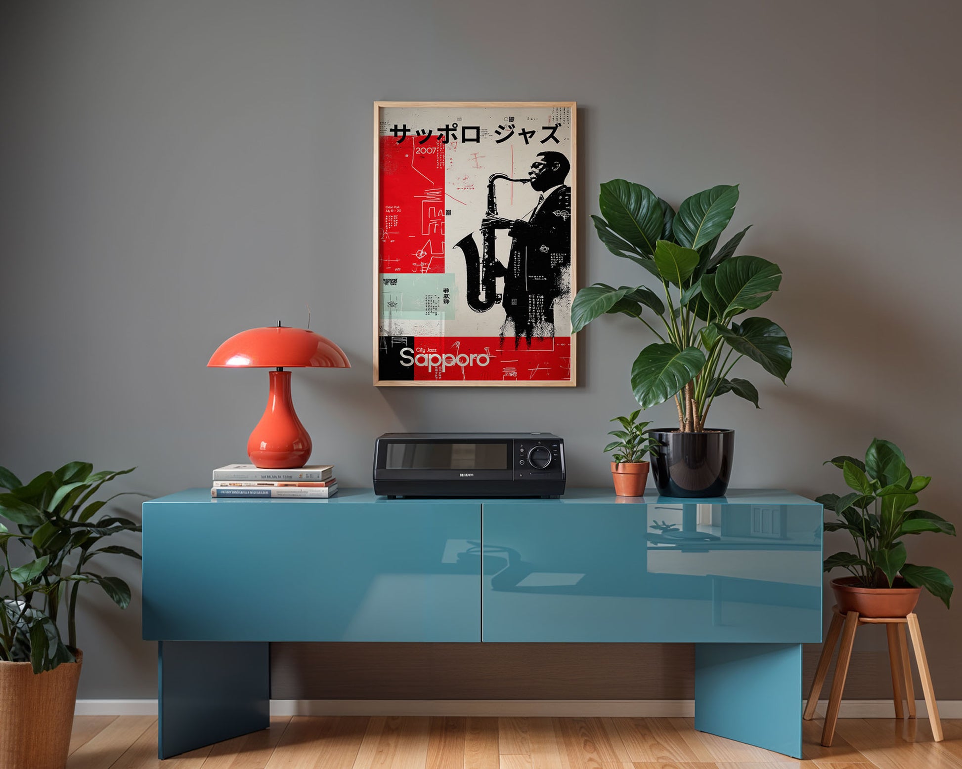 Framed mid-century style wall art print styled against minimalist interior wall